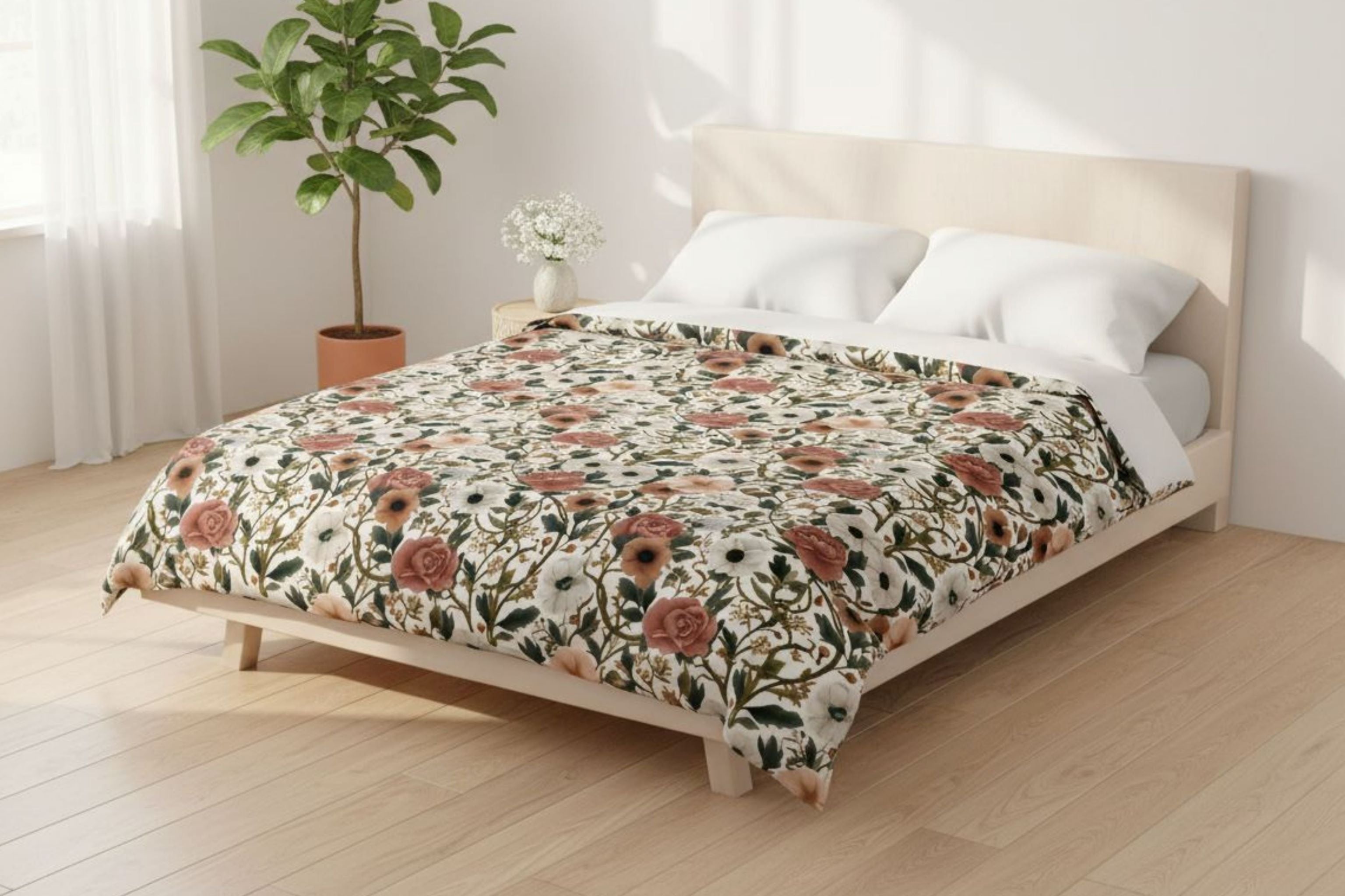 Bed with floral duvet cover in a bright modern room with a plant and avase.