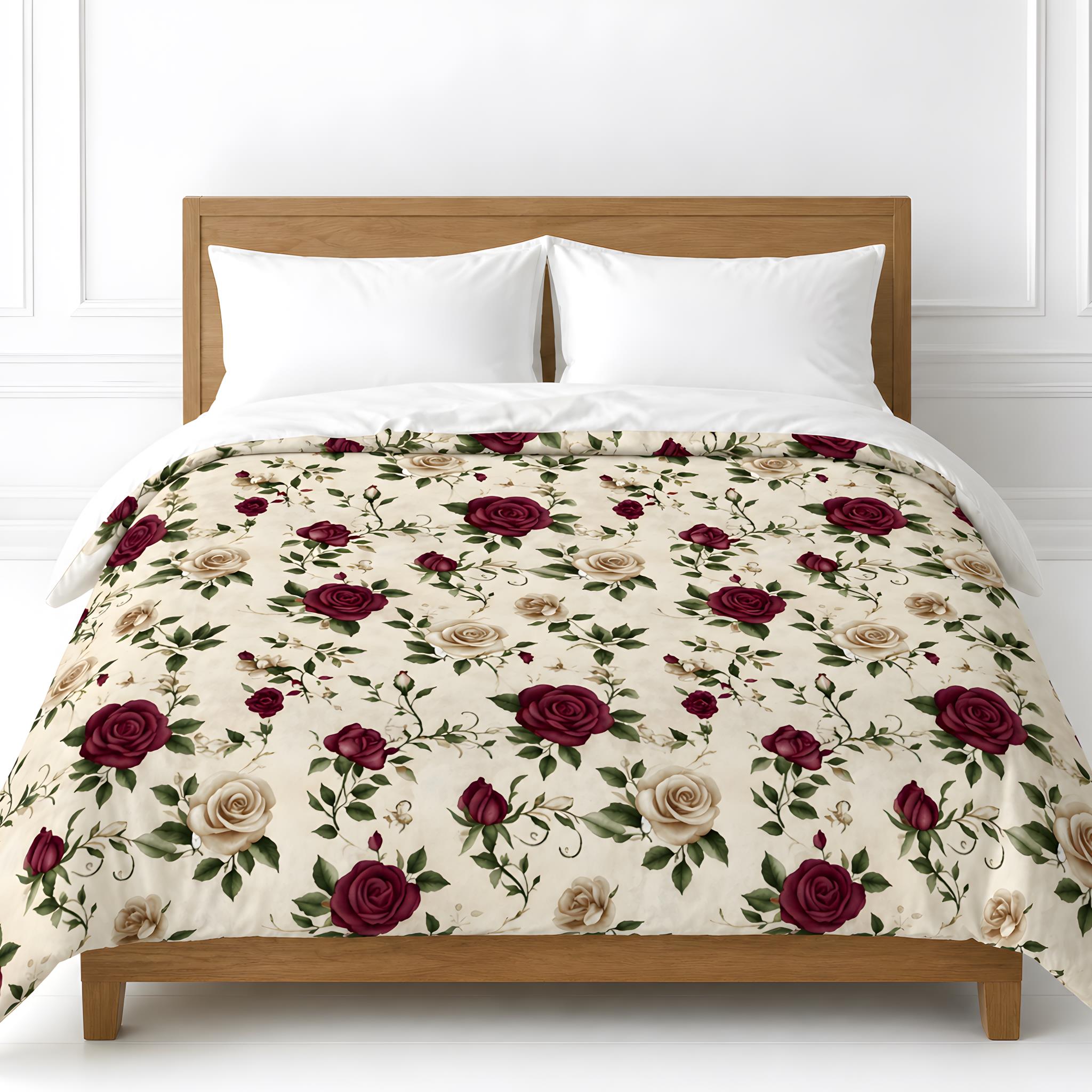 Burgundy Rose cotton duvet cover on a bed with white pillows and a wooden headboard.