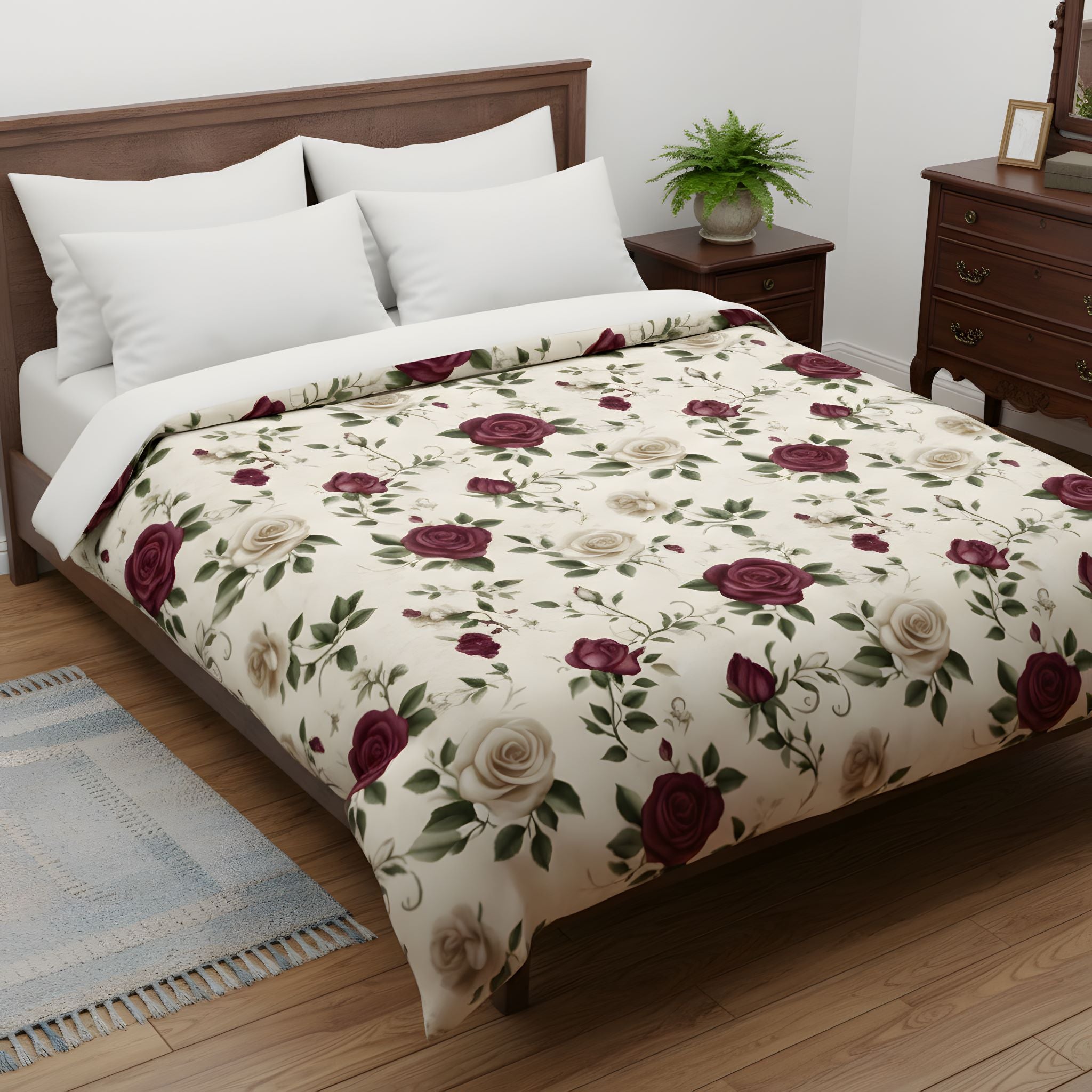 Burgundy Rose comforter cover for a vintage floral bedroom.