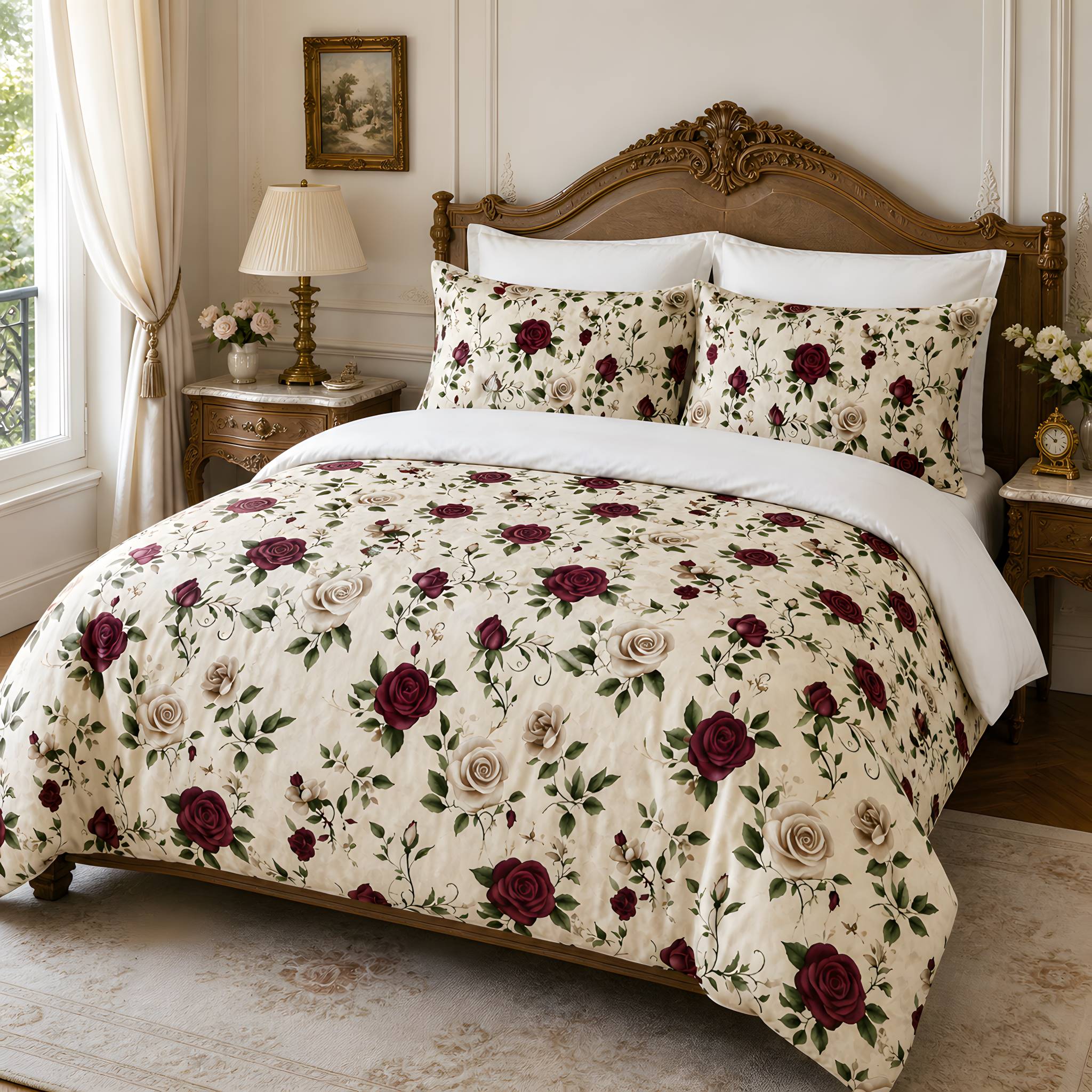 Burgundy Rose bedding set with a duvet cover and matching pillow shams for a timeless chateaucore style.