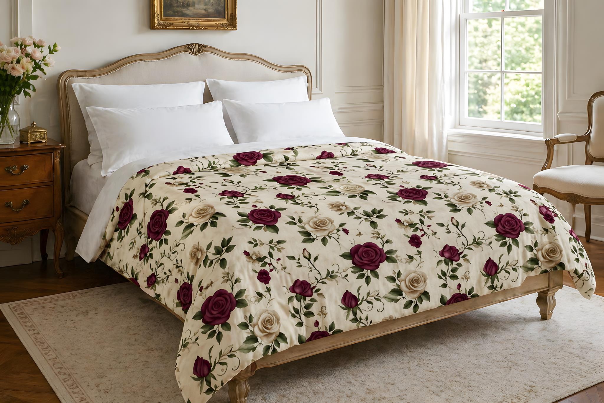 Chateaucore bedroom with romantic floral rose duvet.