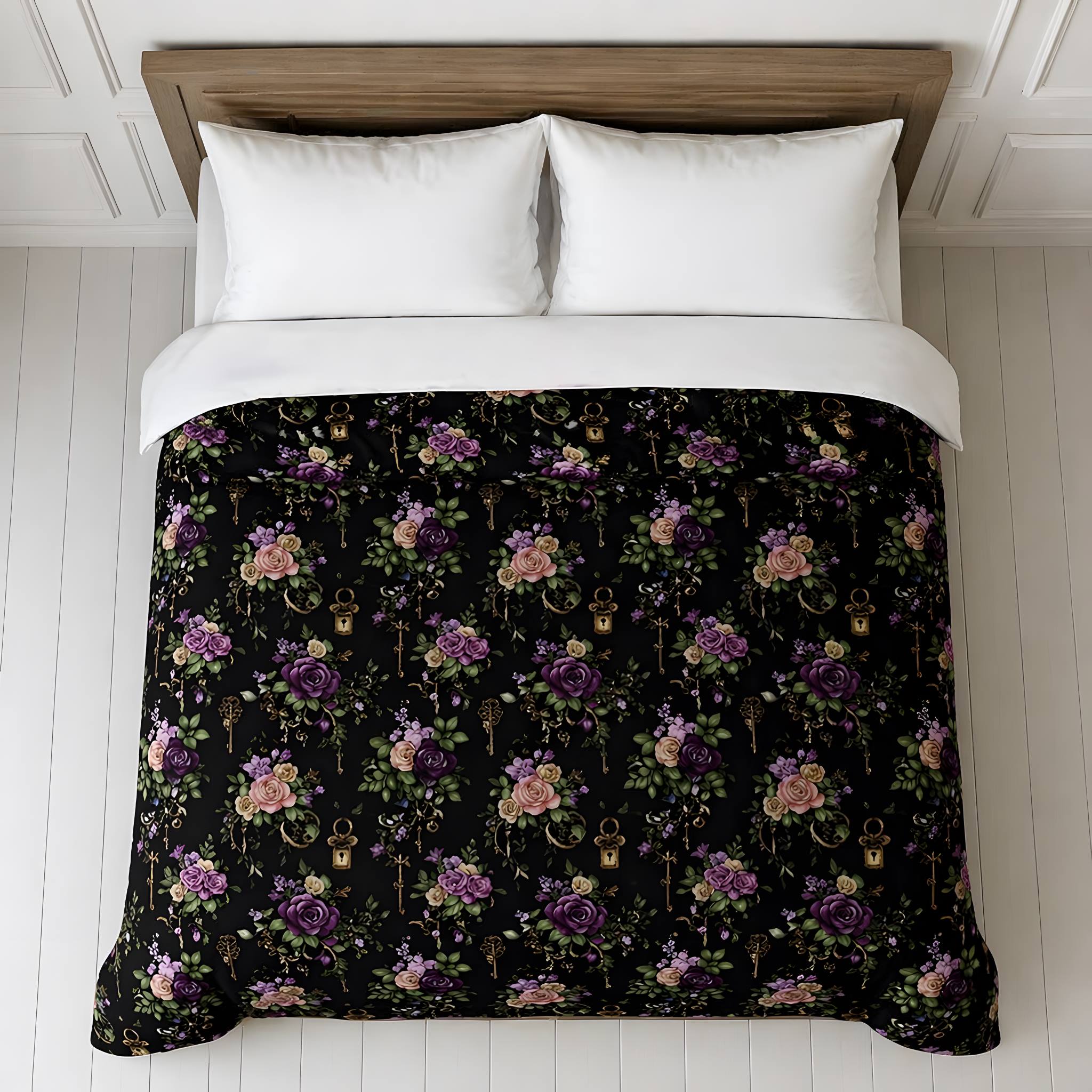 Rose floral comforter with antique skeleton keys on a wooden bed frame.