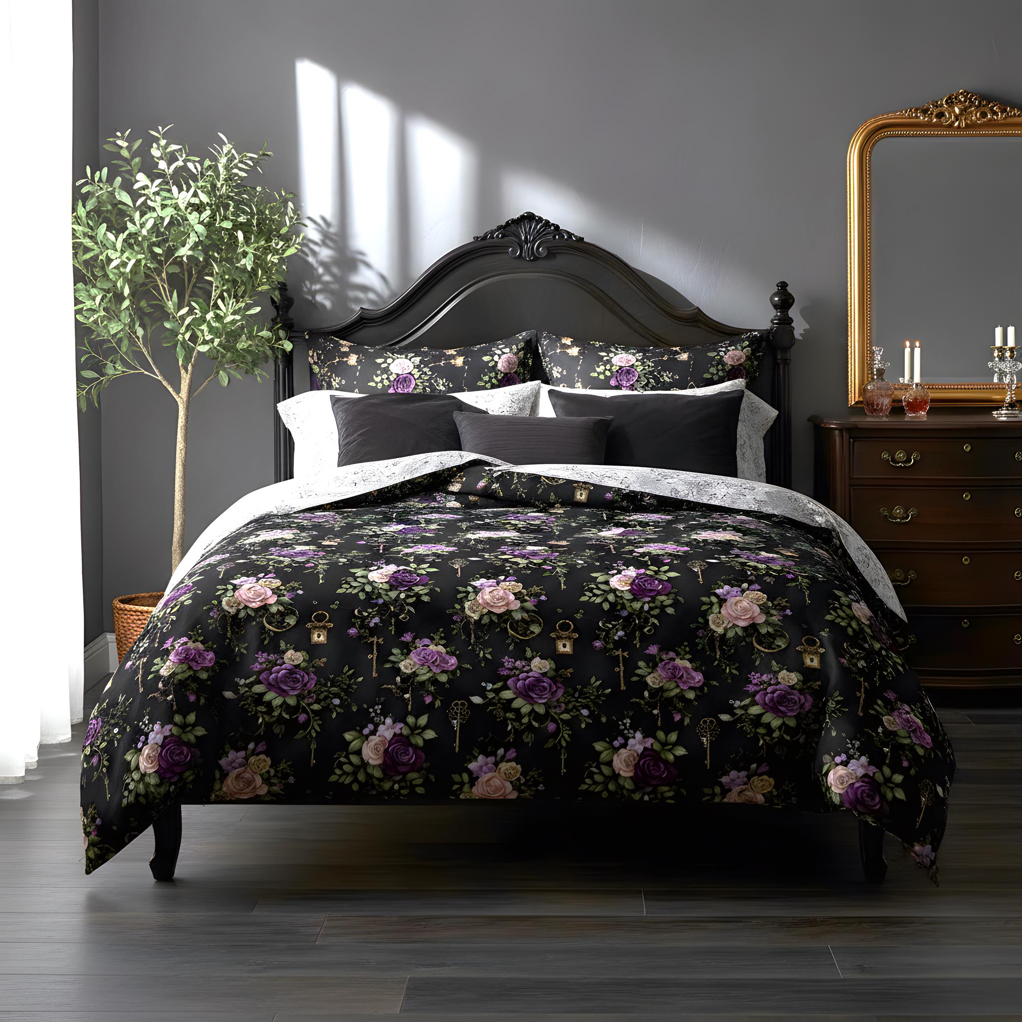 Floral gothic duvet set on a bed in a bedroom in a moody bedroom and a wooden nightstand.