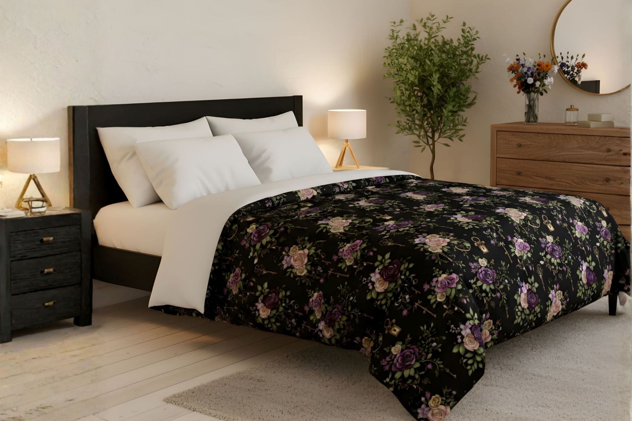 Victorian gothic style duvet cover with flowers and antique keys in a modern bedroom.