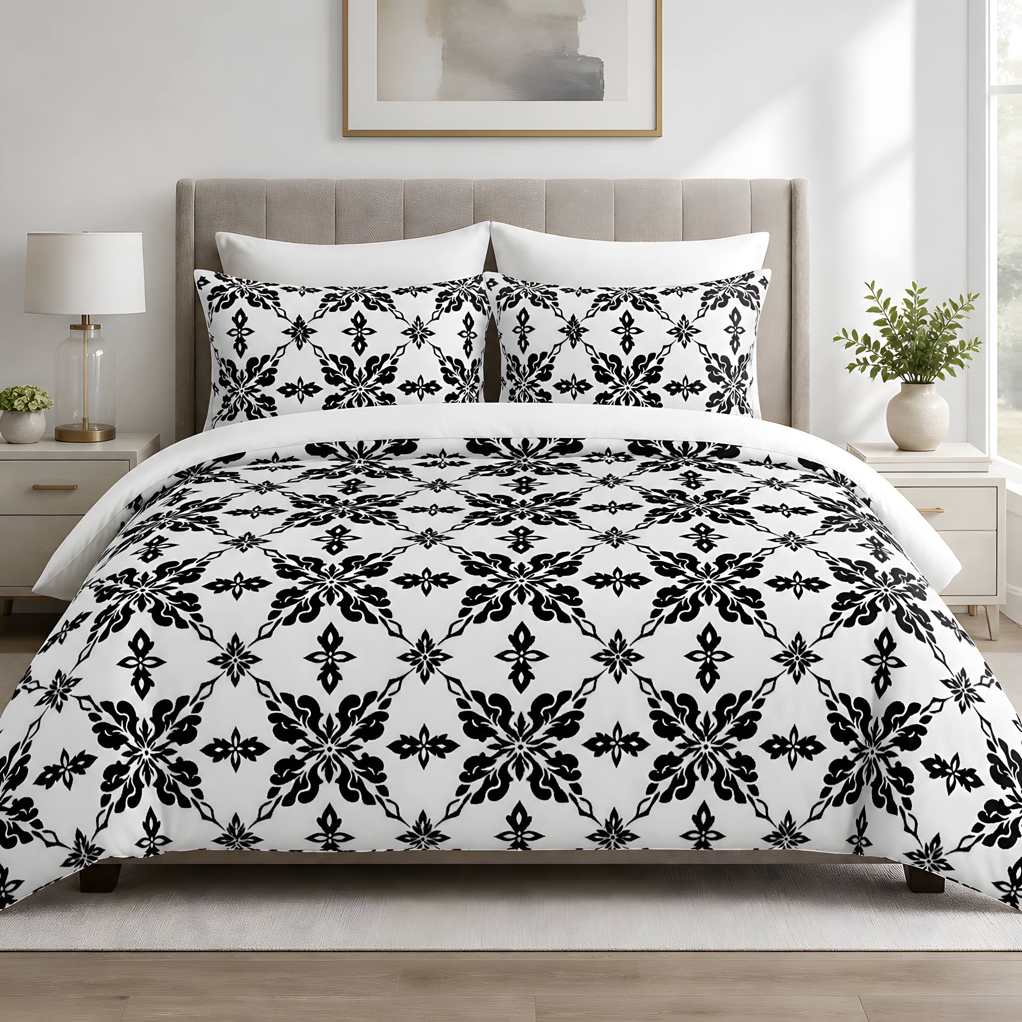 Victorian gothic duvet cover and matching pillow shams for elegant black and white bedding.