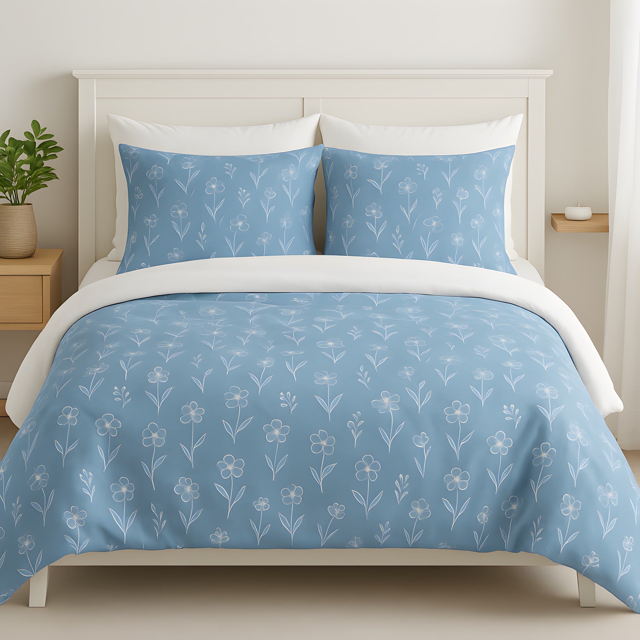 Blue and white floral duvet cover with matching pillow shams on a bed in a cottage bedroom.