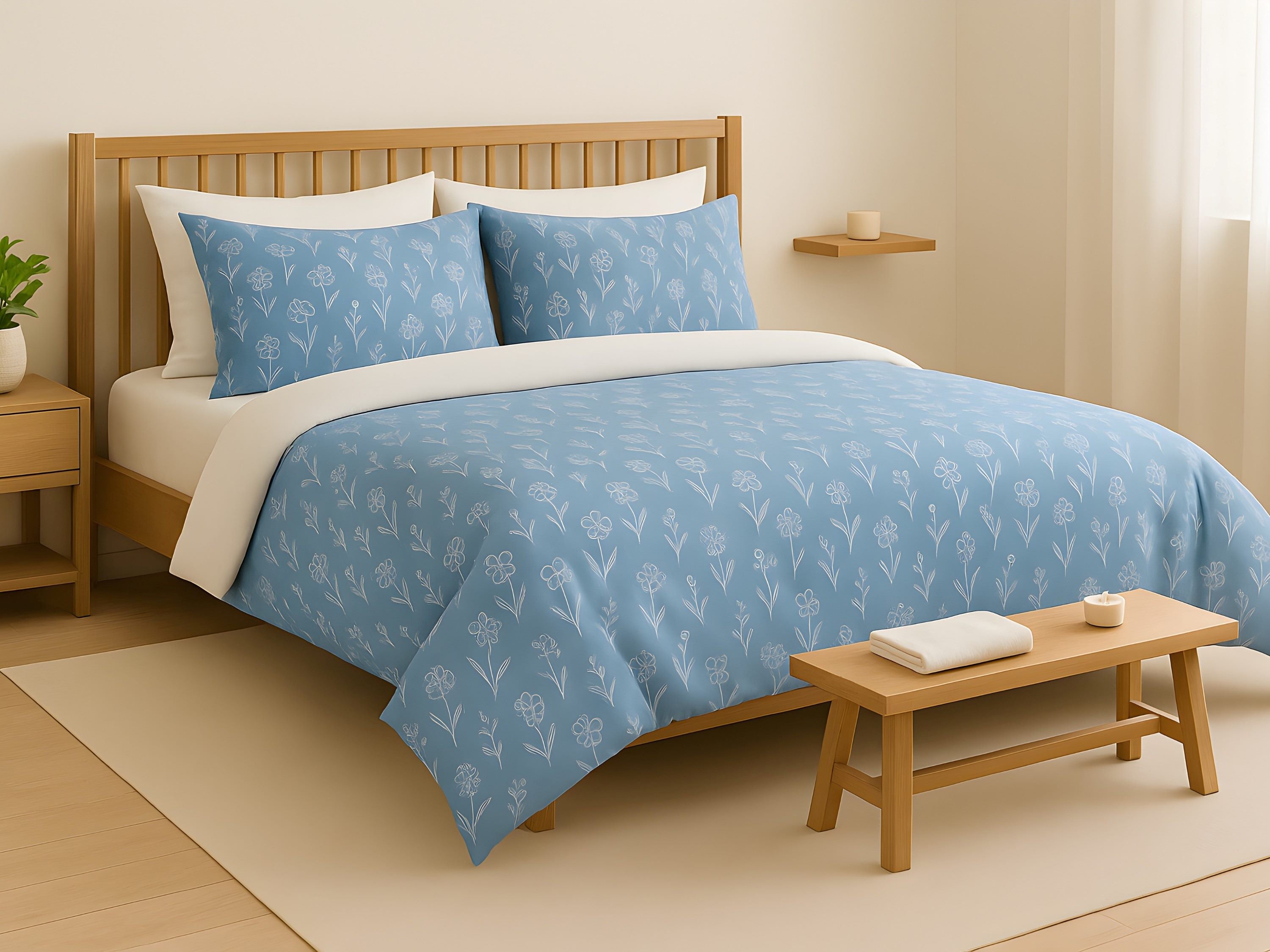A modern cottage bedroom with blue flower duvet cover and pillow shams.