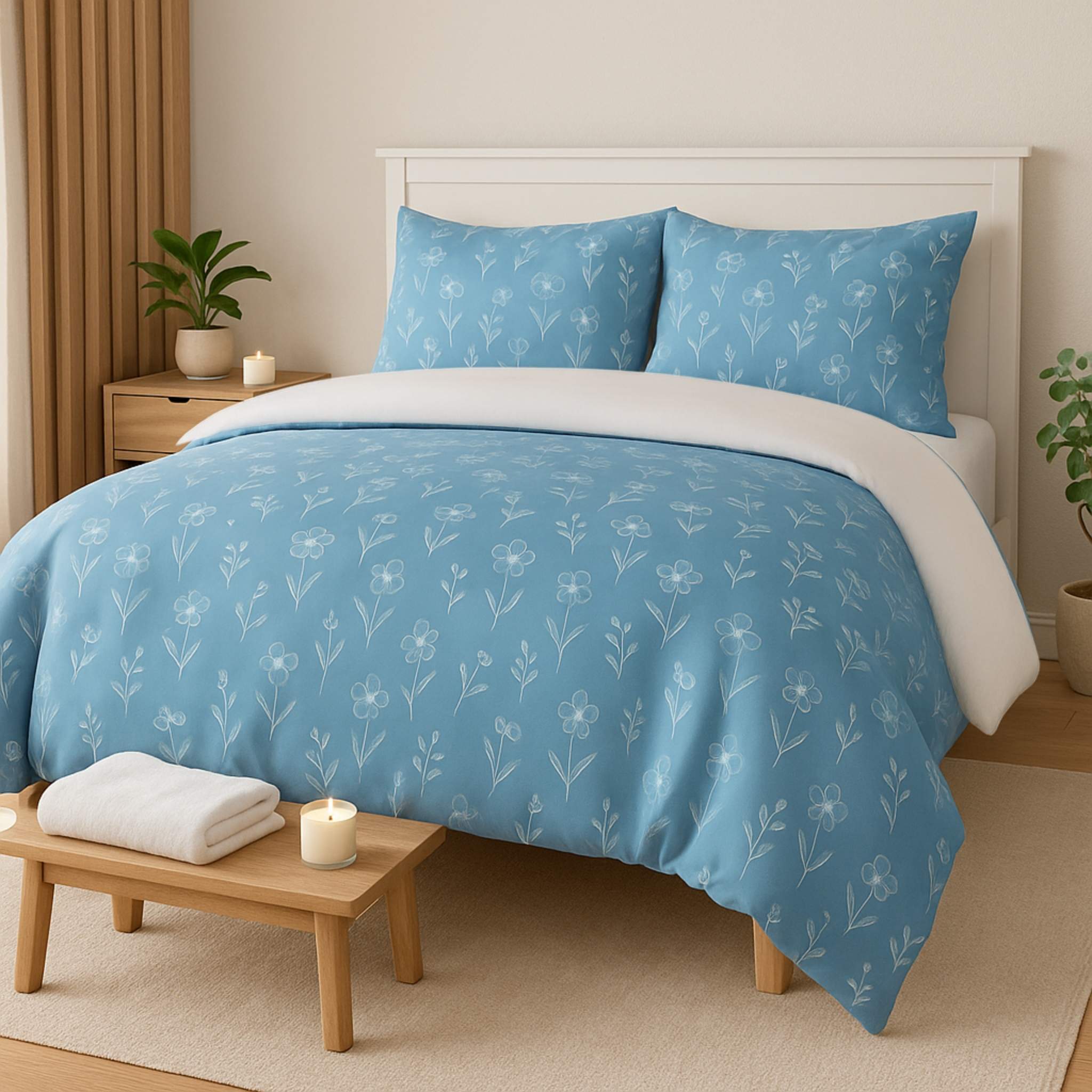 Blue illustrated floral duvet cover and pillow shams on a bed in a cottage bedroom with a spa like scenery.