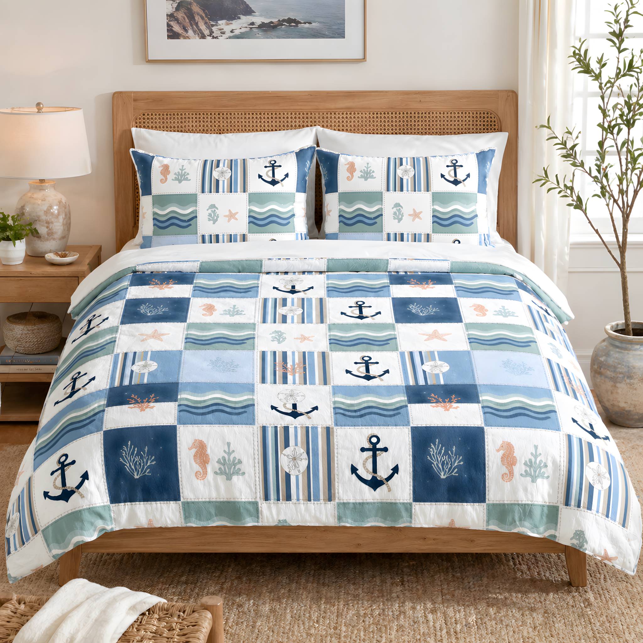 Coastal bedding set with anchors and waves on a bed in a Mediterranean bedroom.