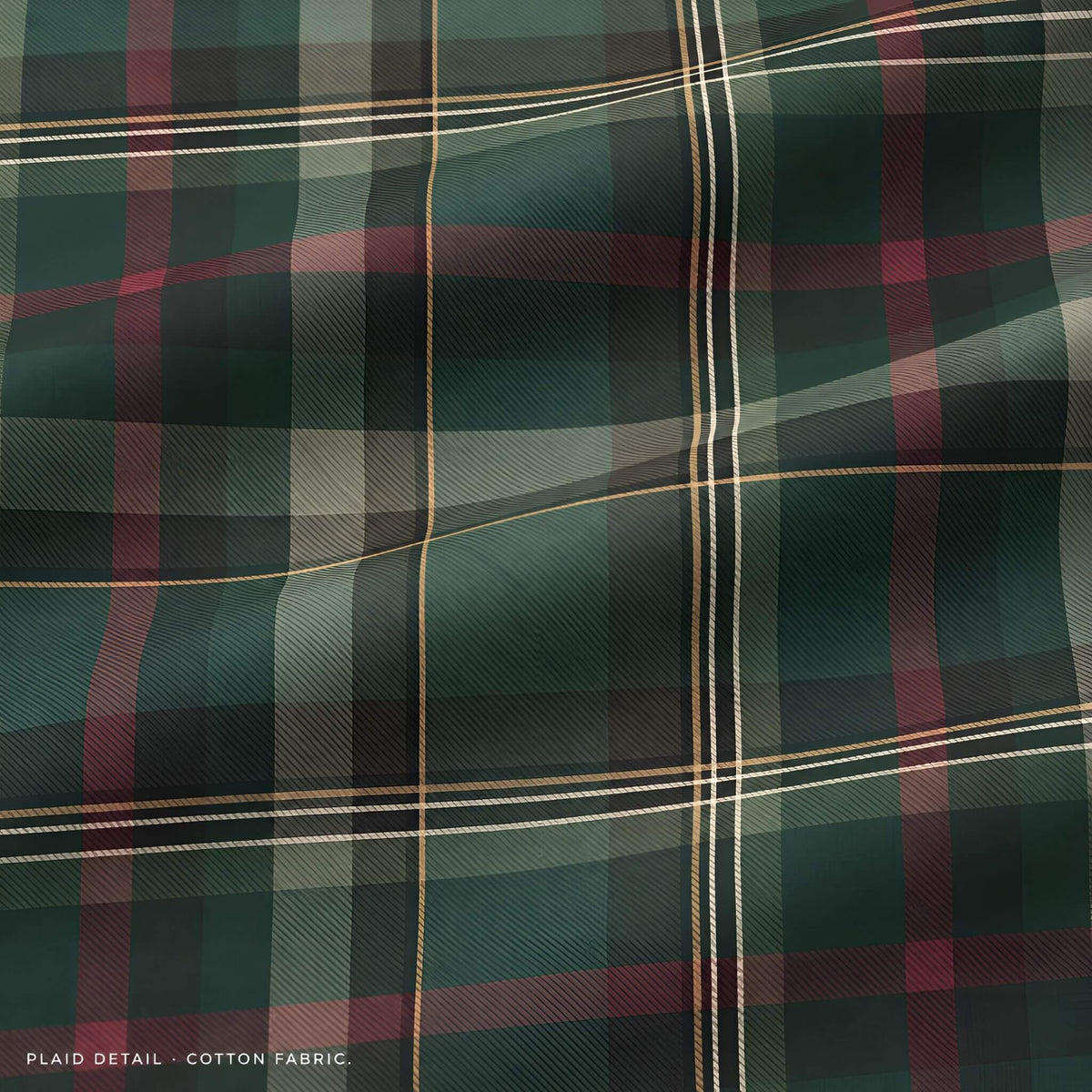 Close-up of the Cedar Ember cotton duvet cover showing green tartan checks, muted burgundy bands, and fine gold lines.