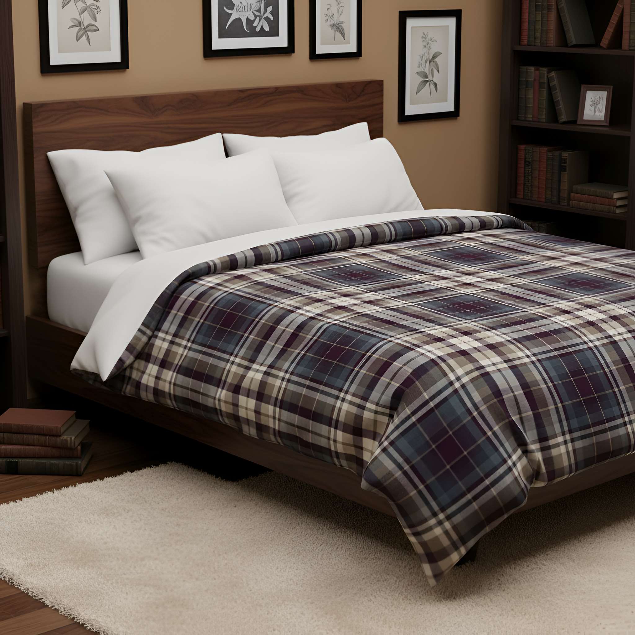 A dark academia bed dressed in a plaid duvet with white pillows and sheets, set in a bedroom with a wooden headboard, beige walls, framed art, a bookshelf, and a cream rug.