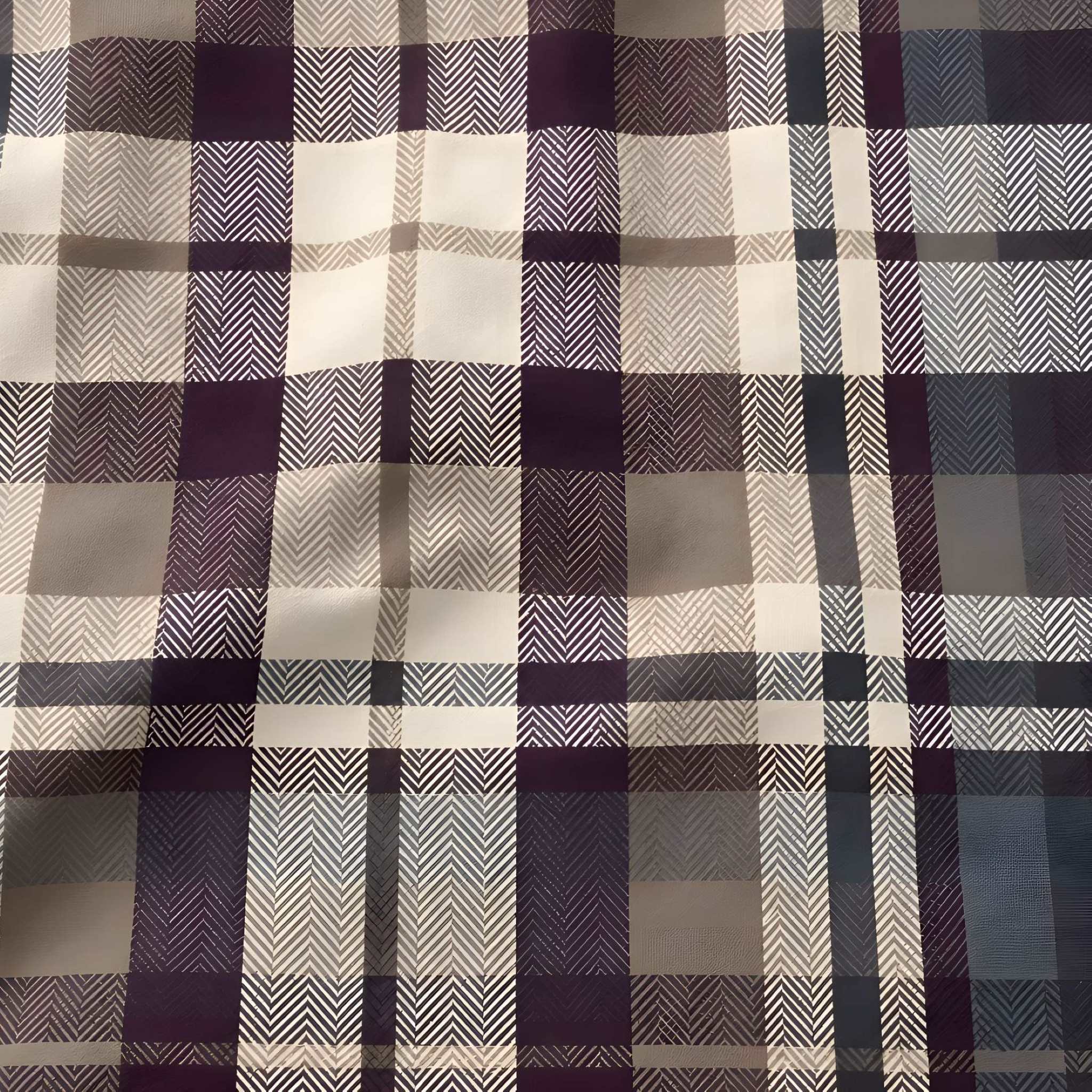 A close-up of a plaid fabric pattern with intersecting vertical and horizontal stripes in dark purple, charcoal gray, beige, and white, featuring textured herringbone weave details.