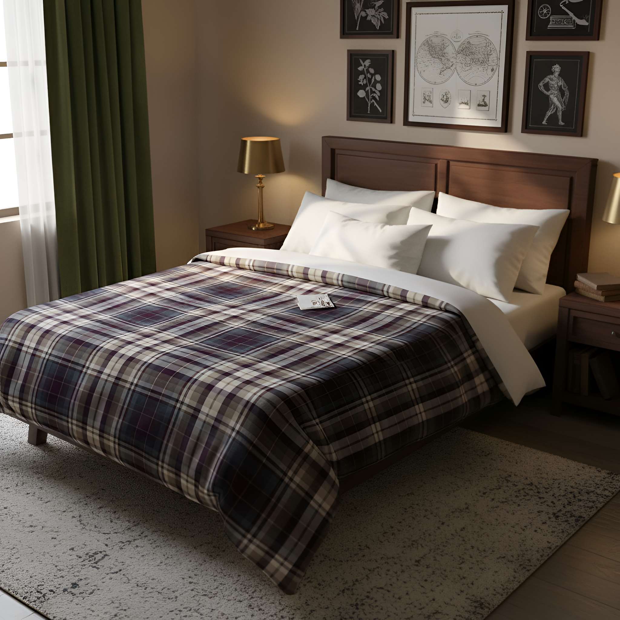 A purple, blue and cream cotton duvet cover in a plaid design sitting in a dark academia bedroom.