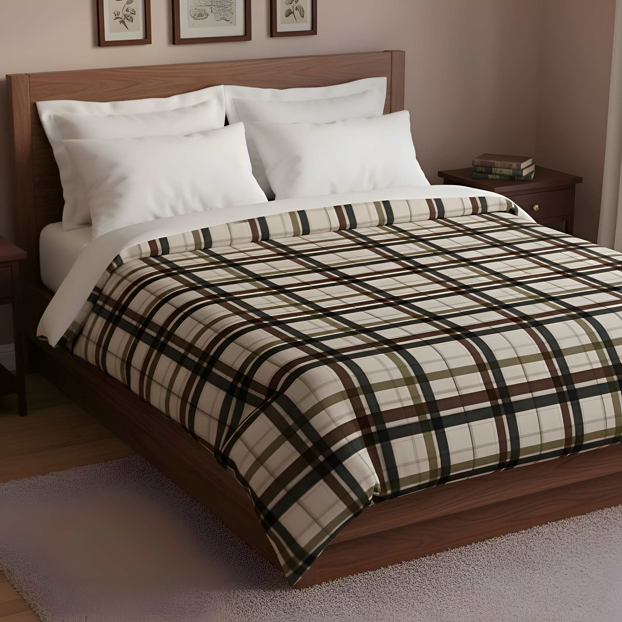 Brown, olive, charcoal, and taupe plaid duvet cover styled in a warm wood bedroom