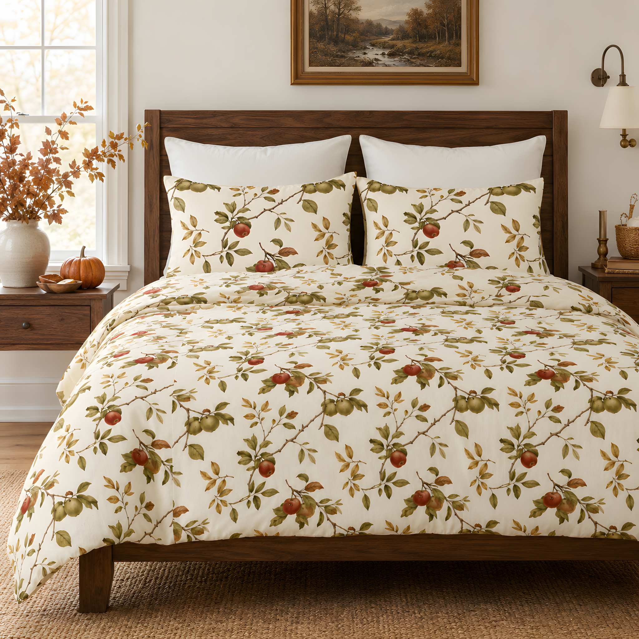 A cream duvet cover with matching pillow shams featuring an all-over autumn leaf and apple branch pattern in green, brown, and red, styled in a warm bedroom setting with a dark wood headboard and nightstands.