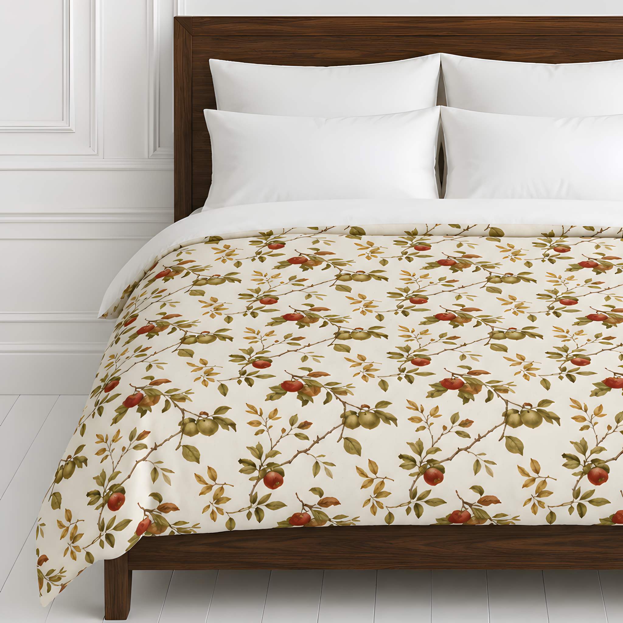 Orchard Boughs apple botanical cotton sateen duvet cover displayed on an Autumn bed with white pillows and a dark wood headboard.
