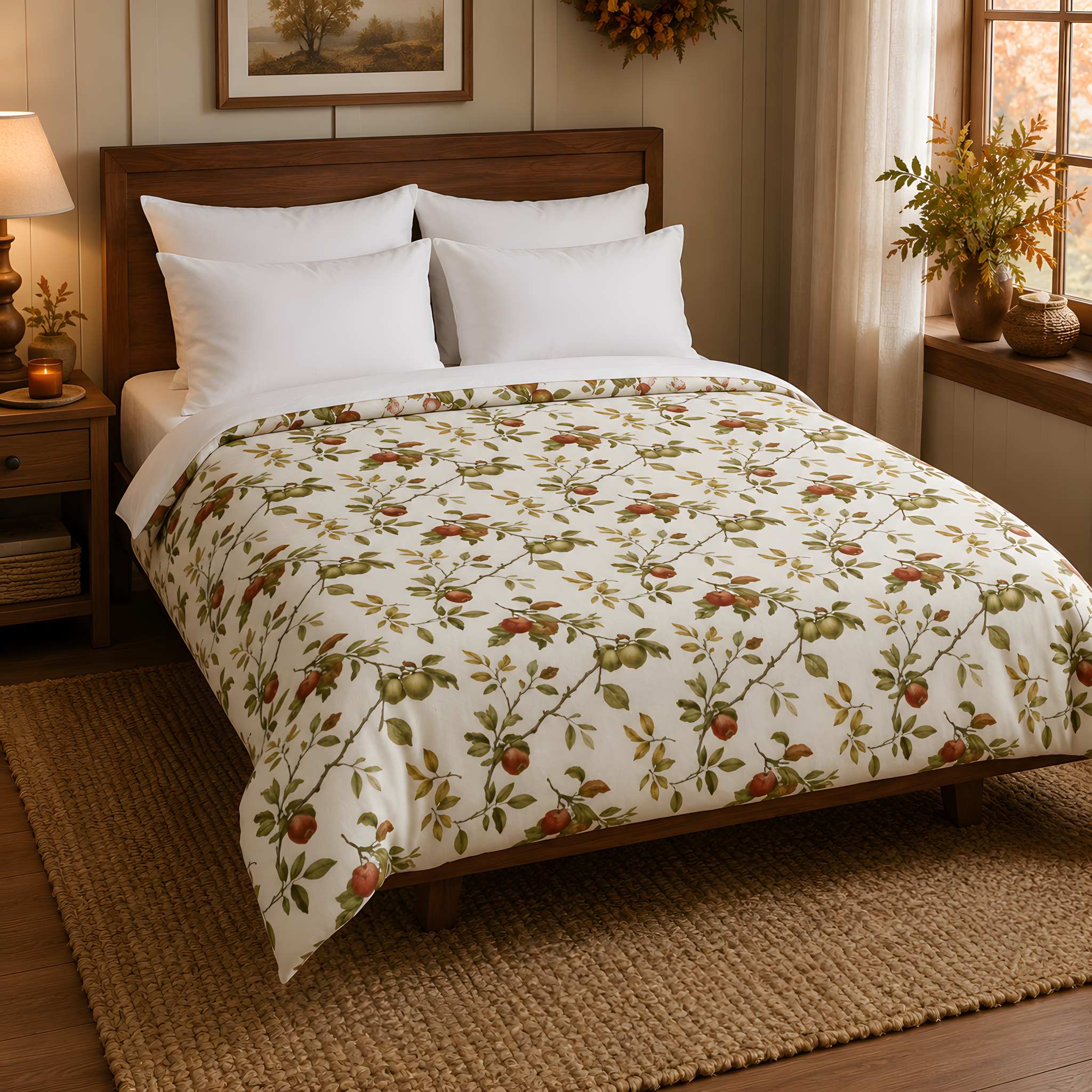 A bed with an all-over green and brown apple tree floral print, styled in a warm, rustic bedroom setting with a wooden headboard, nightstand, and woven rug.