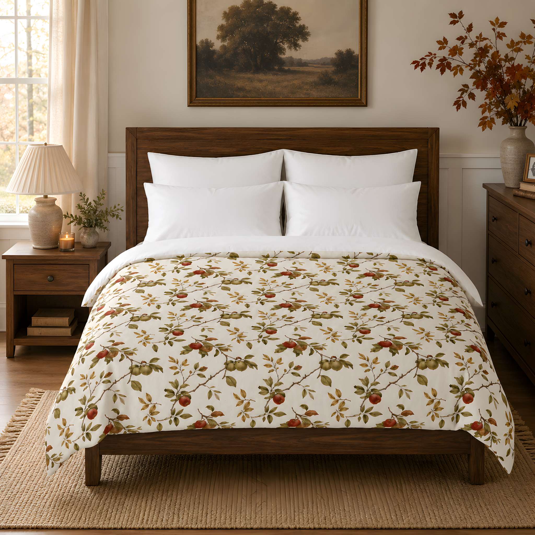 A bed dressed in a cream duvet cover with an all-over autumn leaf and acorn pattern, styled in a warm, traditional bedroom setting with a dark wood headboard, white pillows, and bedside tables.
