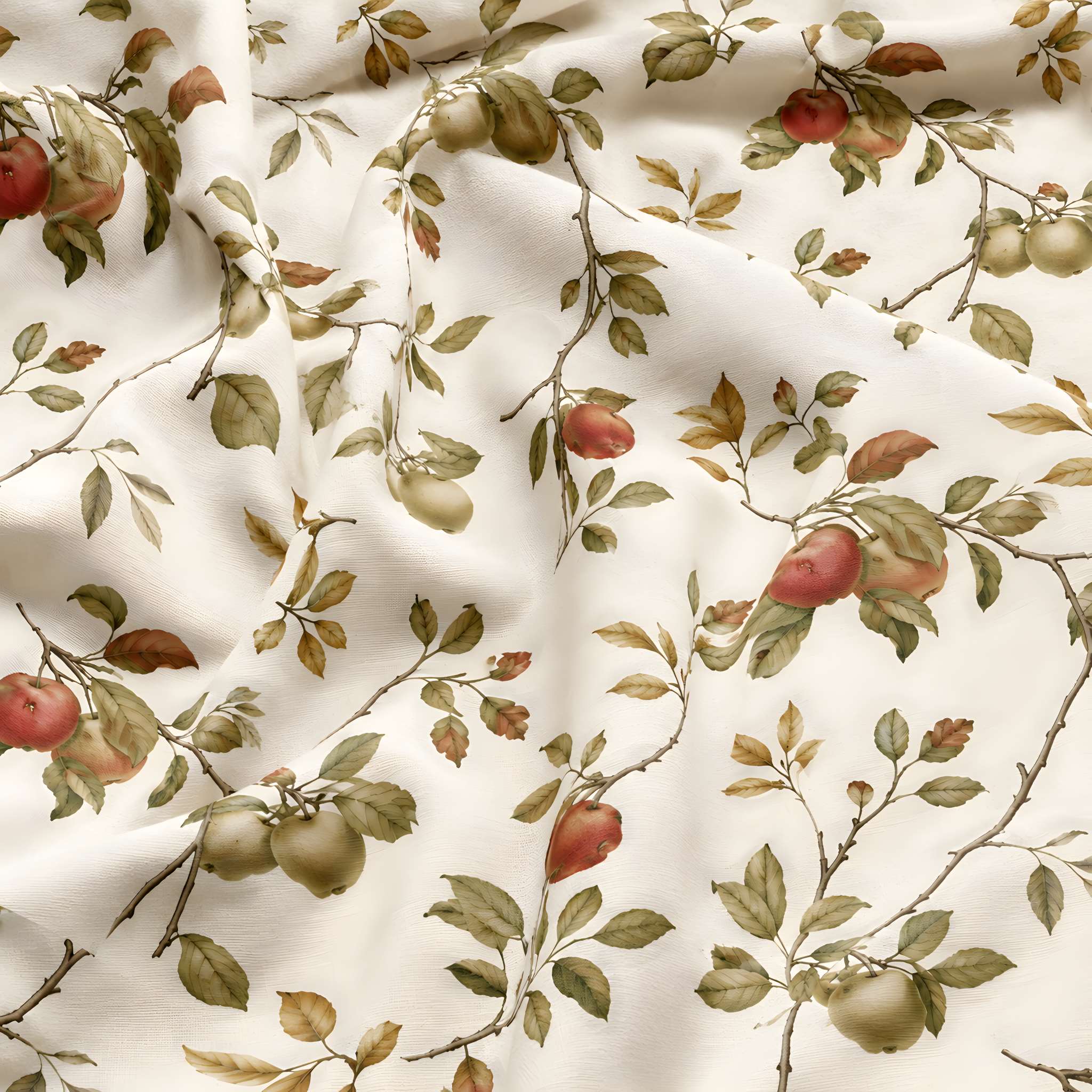 A close-up of draped fabric featuring a watercolor-style print of apple branches with green leaves, brown stems, and red apples on an off-white background.