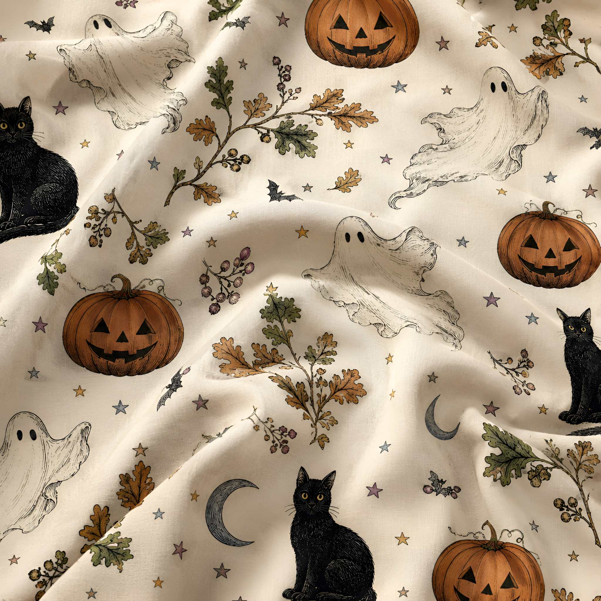Cream-colored cotton sateen fabric with a Halloween pattern featuring black cats, white ghosts, orange pumpkins, brown leaves, and small stars.