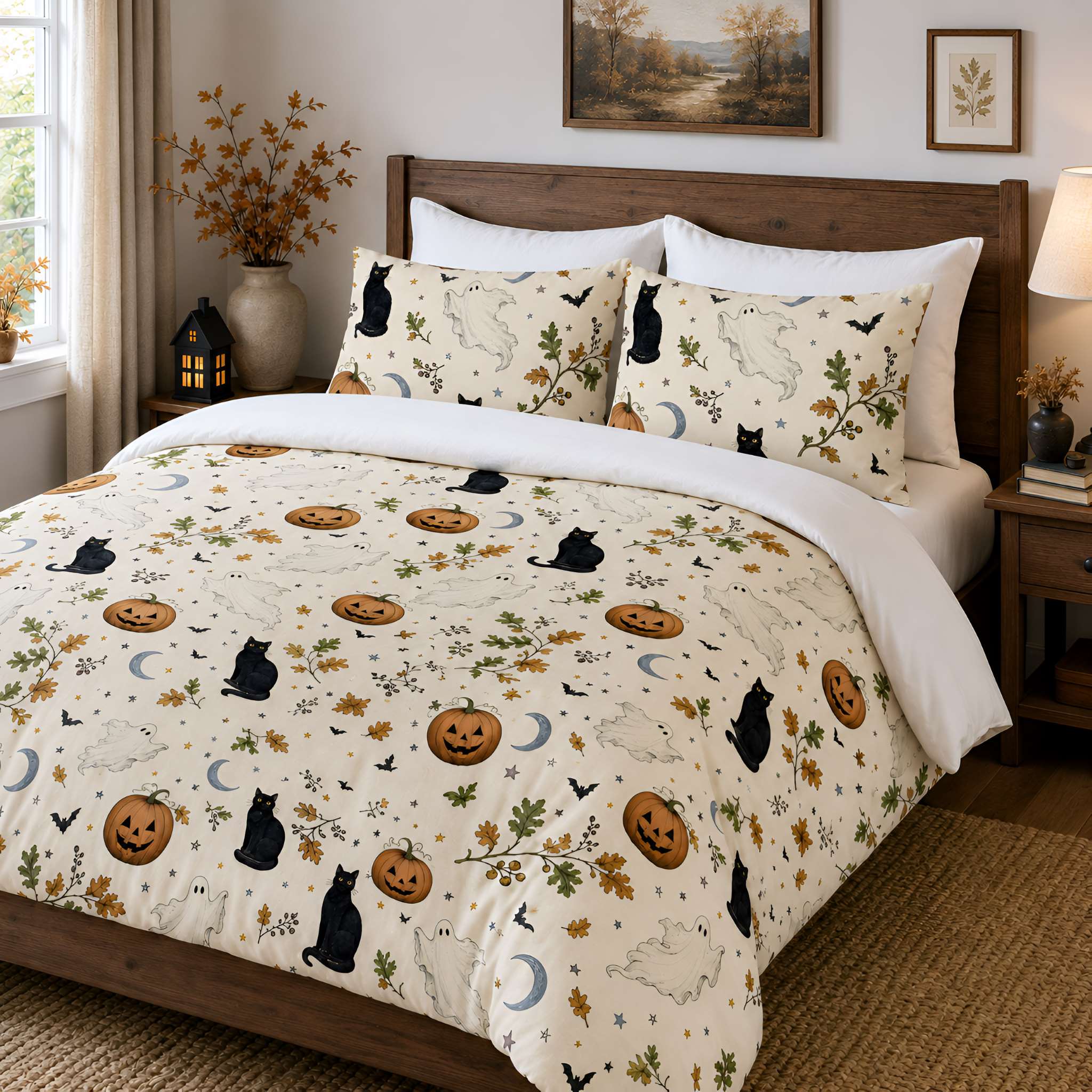 A bed dressed in a cream Halloween-themed bedding set with a duvet cover and matching pillow shams, featuring black cats, jack-o'-lanterns, bats, moons, and autumn leaves, styled in a warm, rustic bedroom.