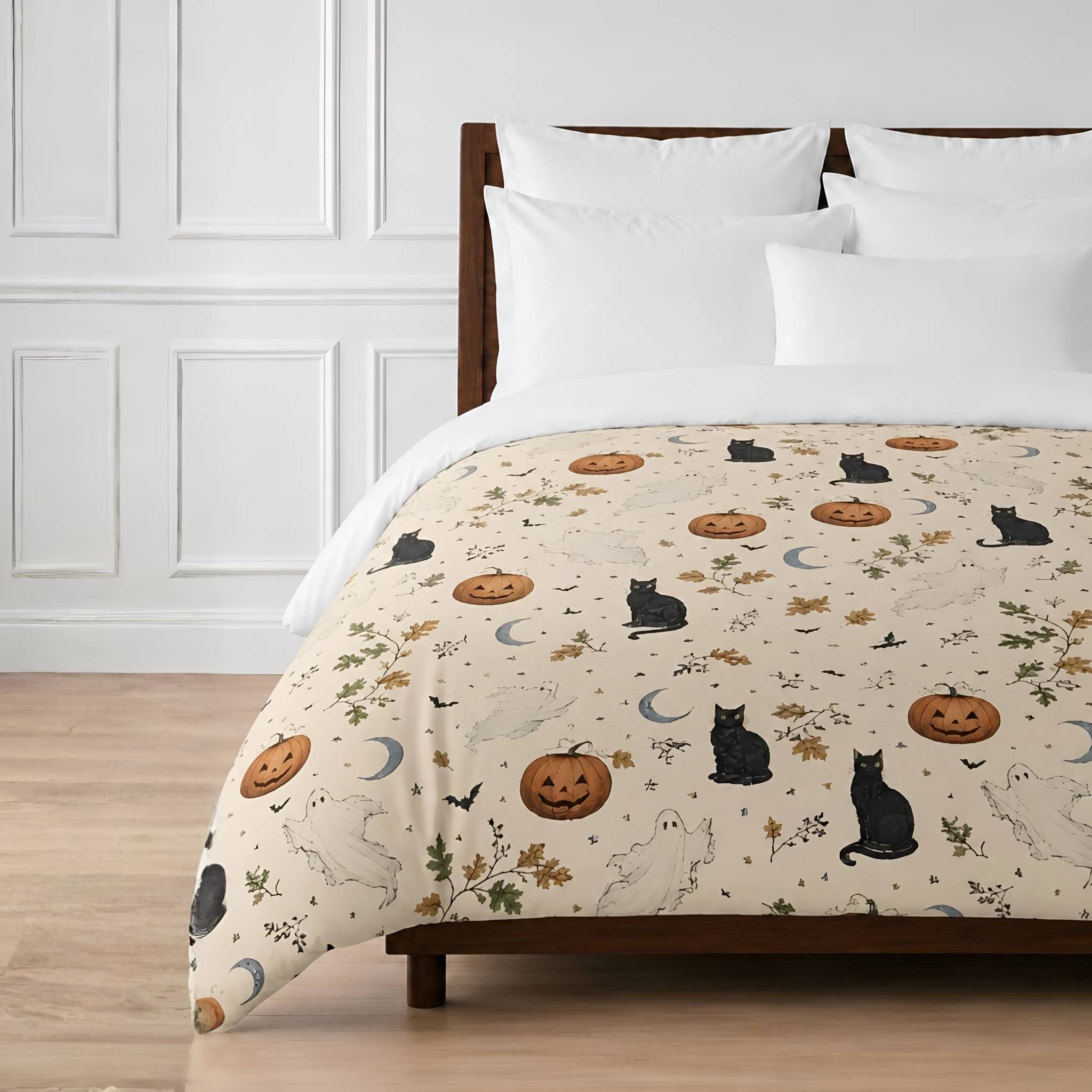 A bed dressed with a cream Halloween-duvet cover featuring black cats, orange pumpkins, white ghosts, and small bats, styled in a bedroom with white paneled walls and light wood flooring.