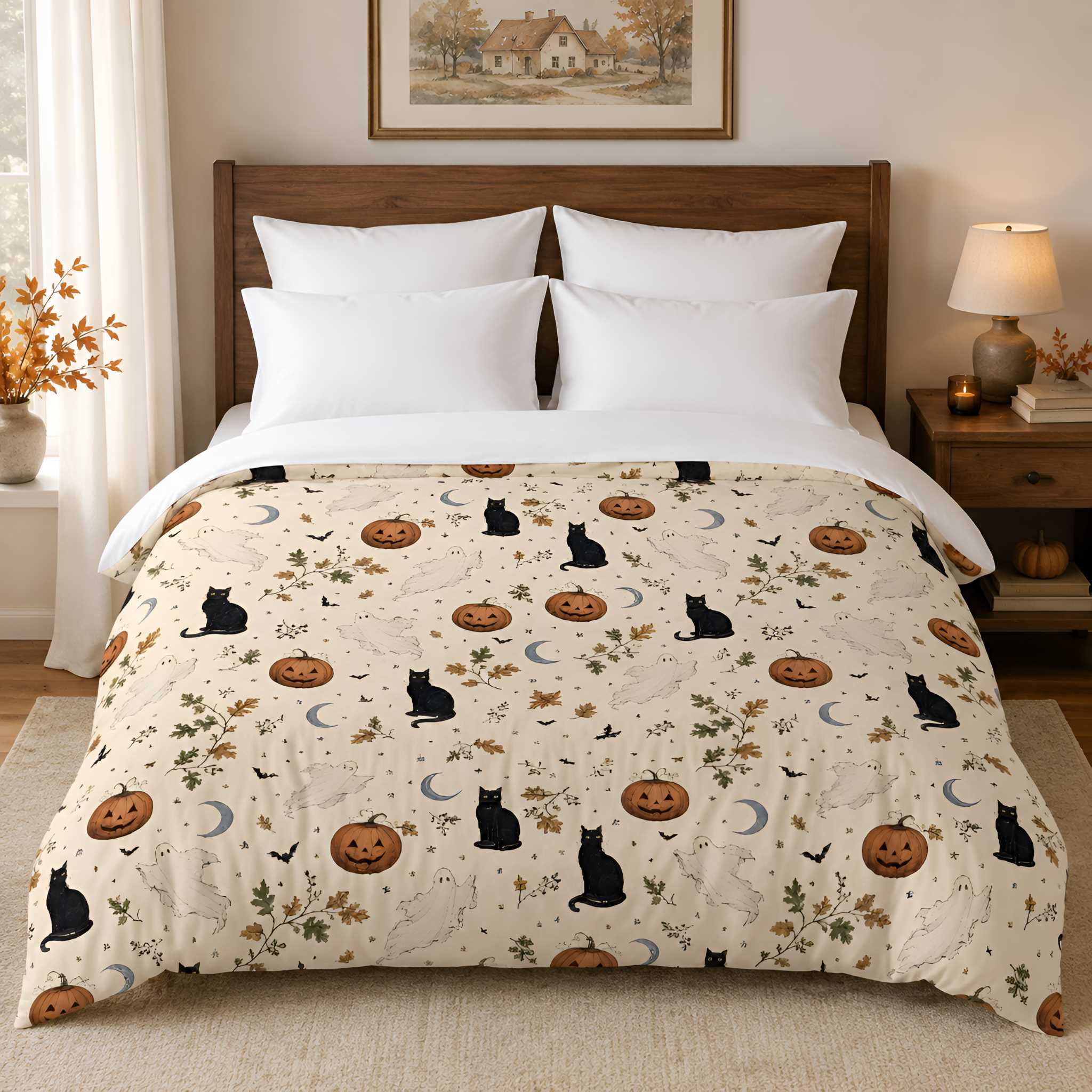 A bed with a cream colored Halloween-duvet cover featuring black cats, orange jack-o'-lanterns, gray moons, and small bats, styled in a warm bedroom setting with a wooden headboard, white pillows, a bedside lamp, and a framed picture on the wall.