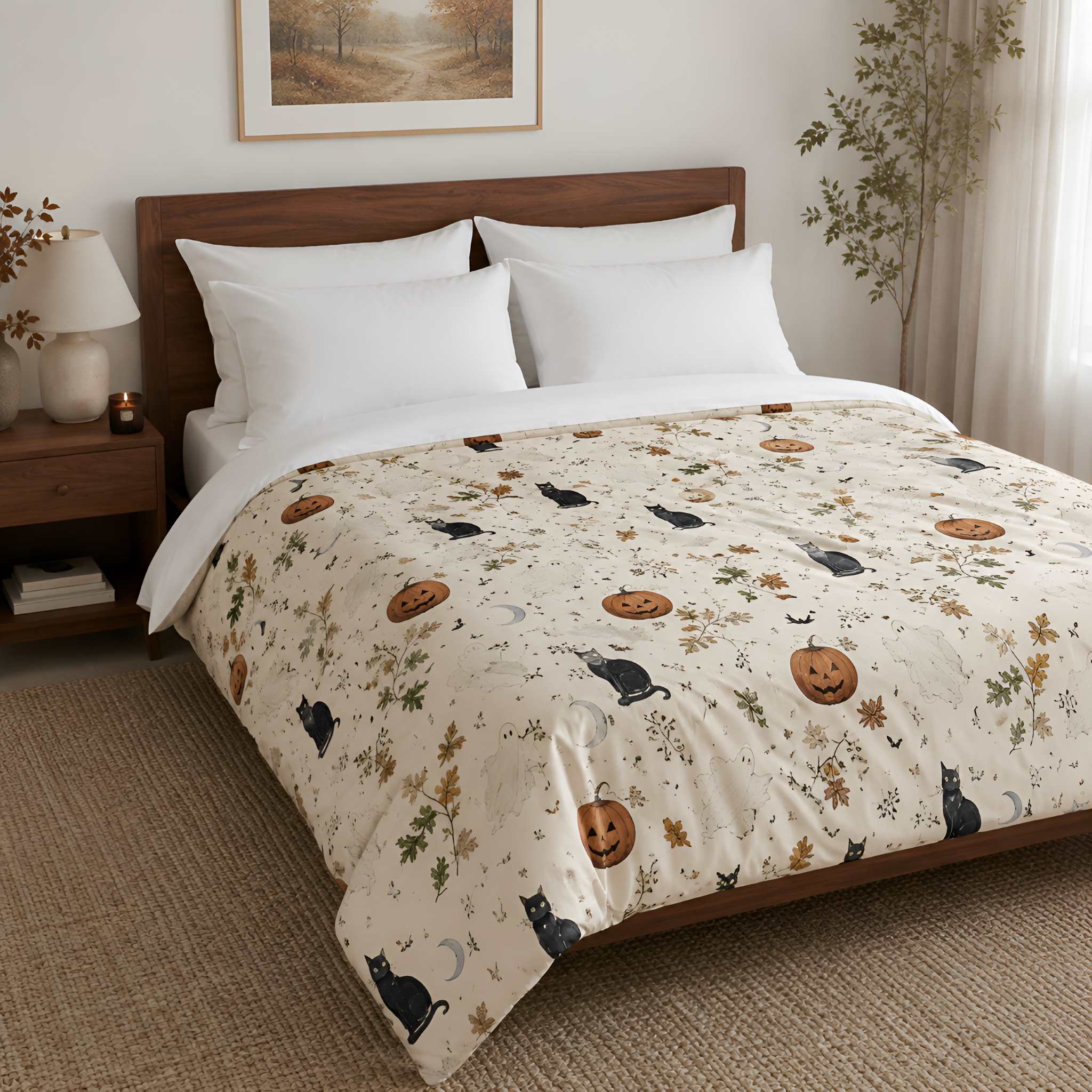 A bed dressed with a cream-colored Halloween-themed duvet cover featuring printed jack-o'-lanterns, black cats, and autumn leaves, styled in a warm, modern bedroom setting.