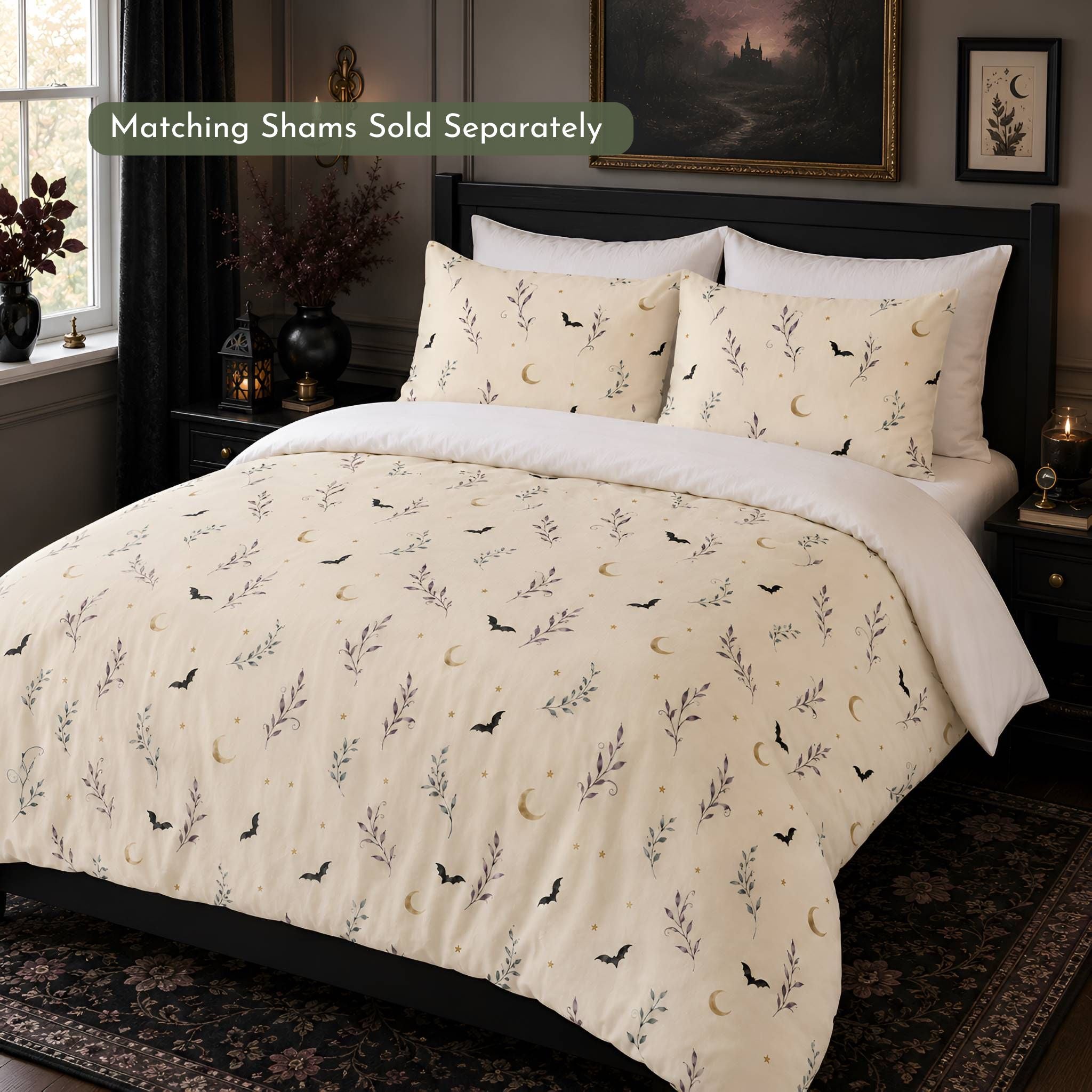 Bat & Moon Floral Duvet Cover, Twin XL–King | Witchlight Nightvine