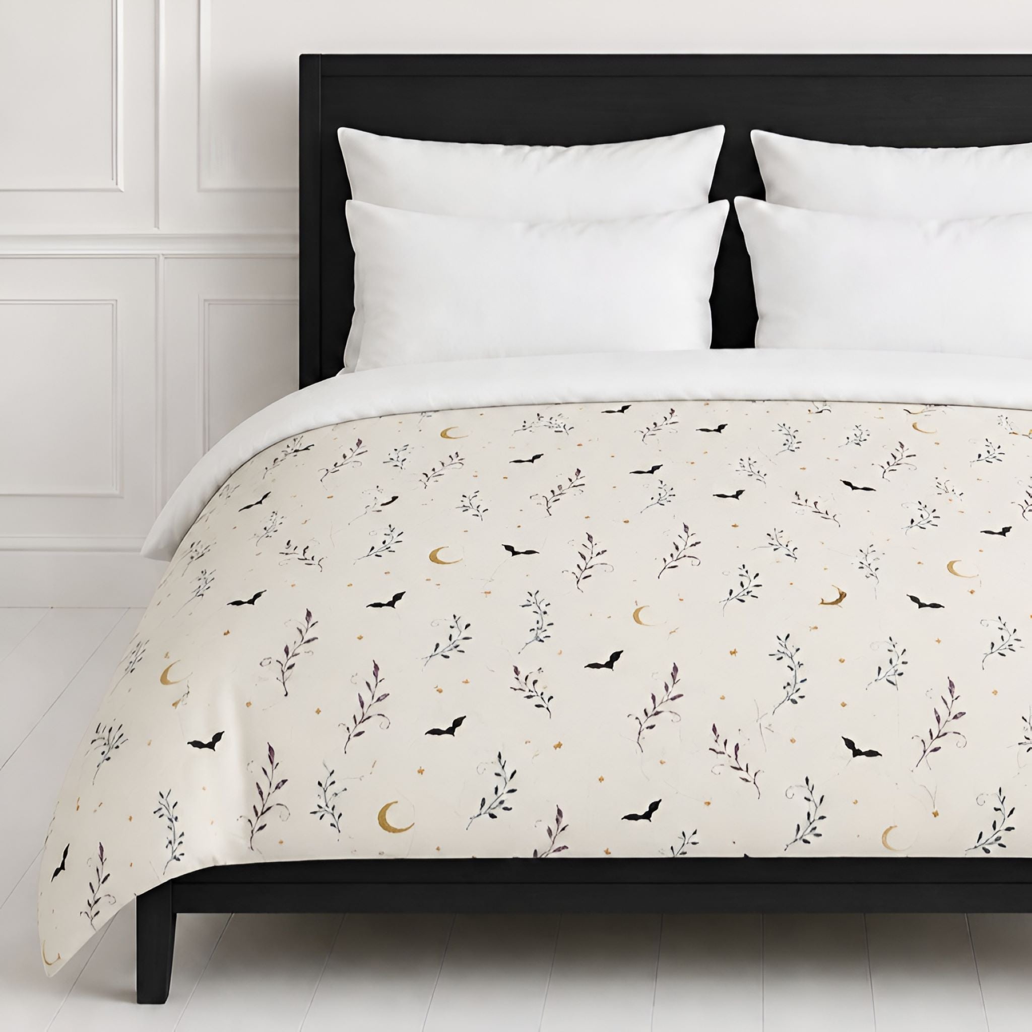 Bat & Moon Floral Duvet Cover, Twin XL–King | Witchlight Nightvine