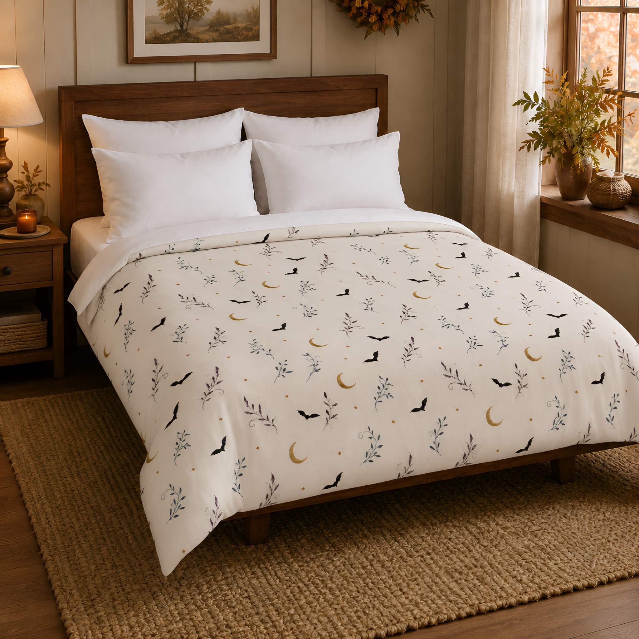 Bat & Moon Floral Duvet Cover, Twin XL–King | Witchlight Nightvine