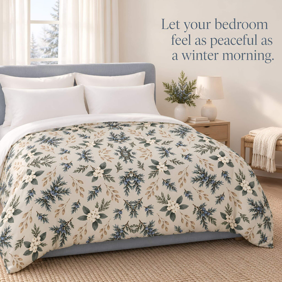 A bed dressed in a ivory duvet cover with a blue and green floral winter pattern, styled in a bright bedroom with white pillows, a blue-gray headboard, a nightstand, and a lamp. Text on the wall reads, 'Let your bedroom feel as peaceful as a winter morning.