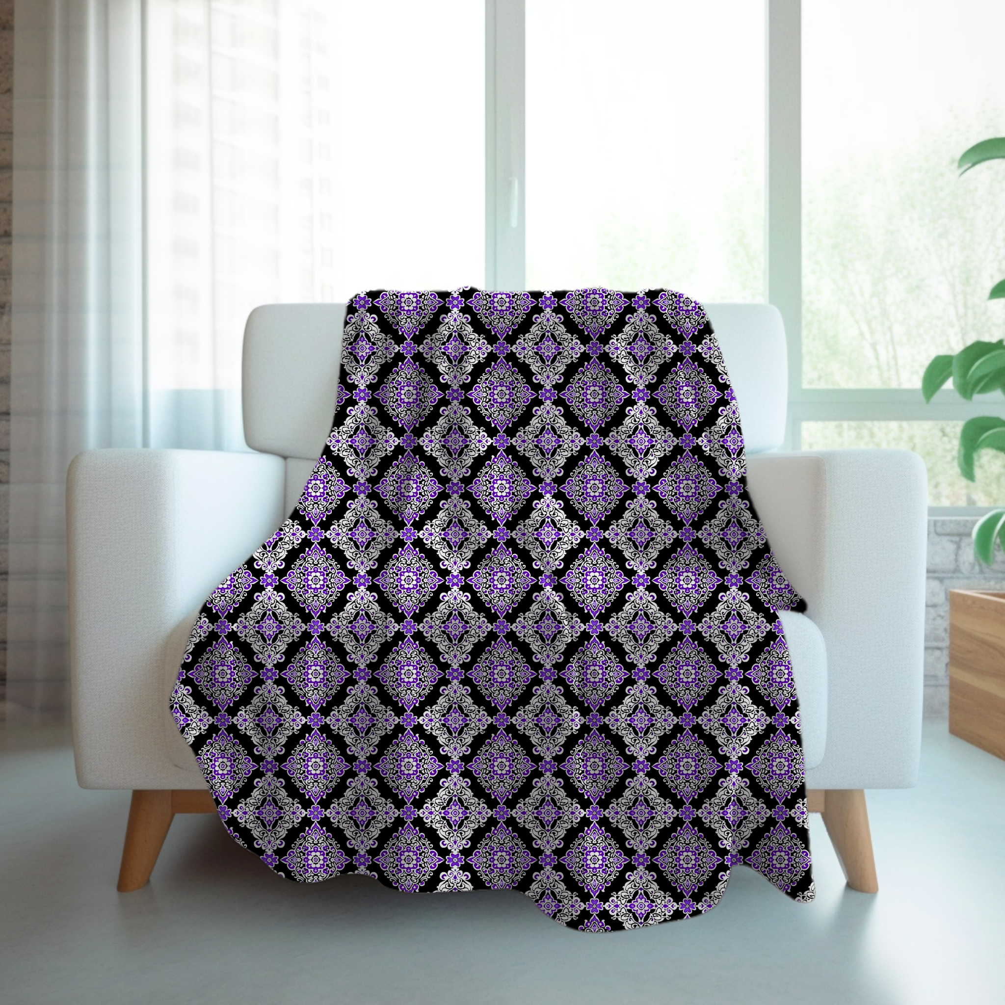 Purple & White Damask Throw Blanket: Midnight Majesty