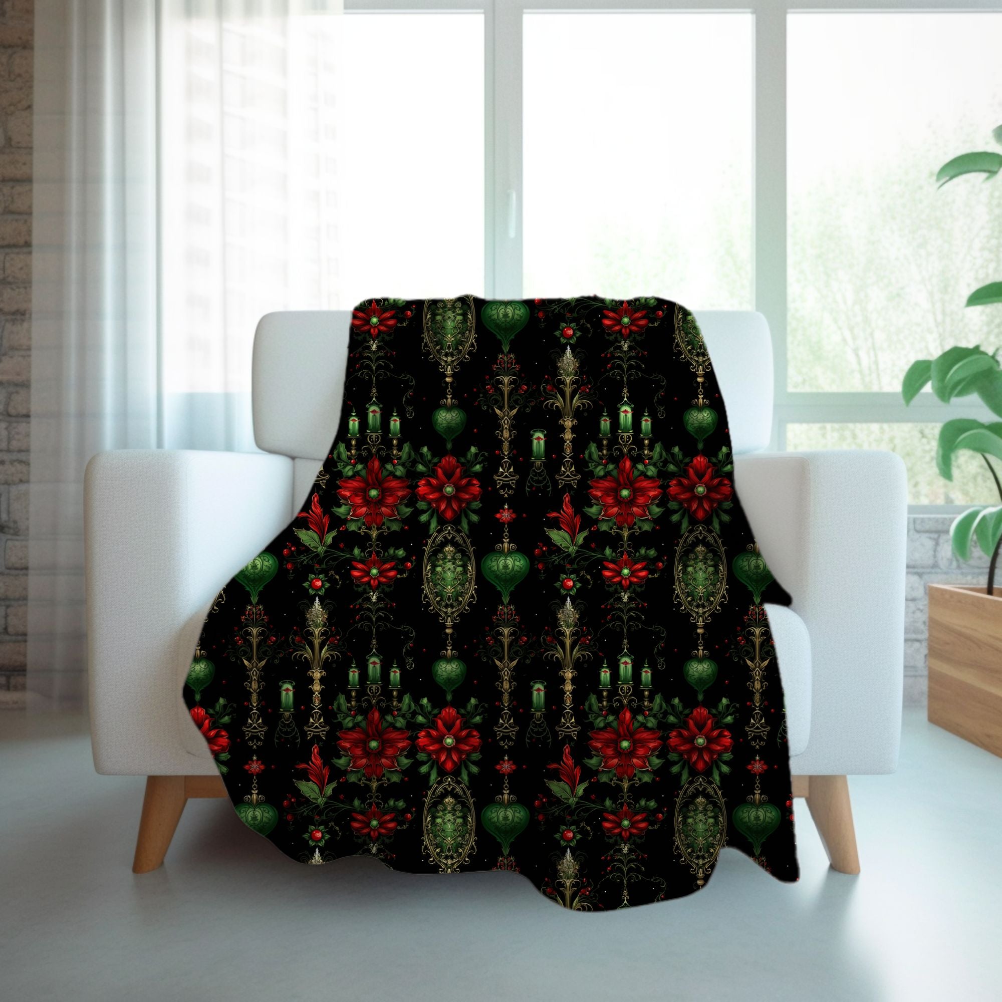 Dark Gothic Poinsettia Sherpa Blanket: Goth Holiday Decor