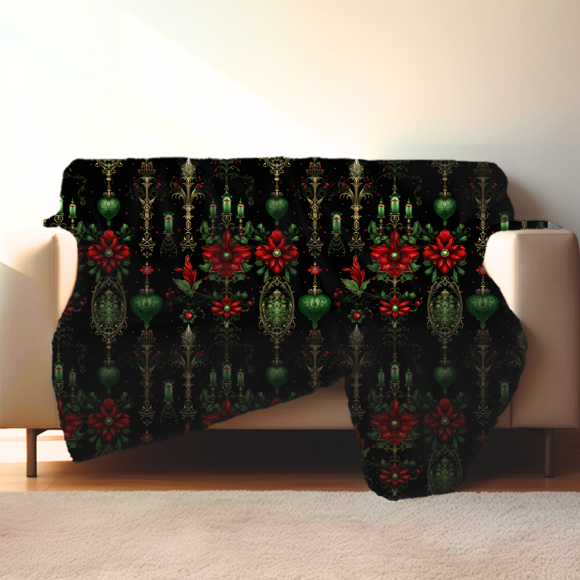 Dark Gothic Poinsettia Sherpa Blanket: Goth Holiday Decor