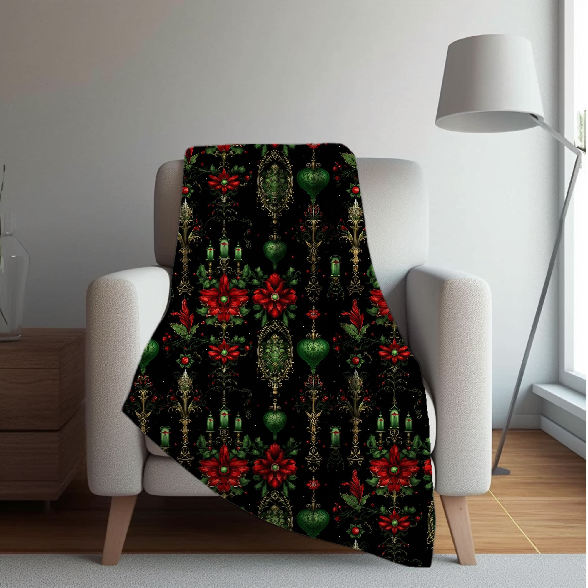 Dark Gothic Poinsettia Sherpa Blanket: Goth Holiday Decor