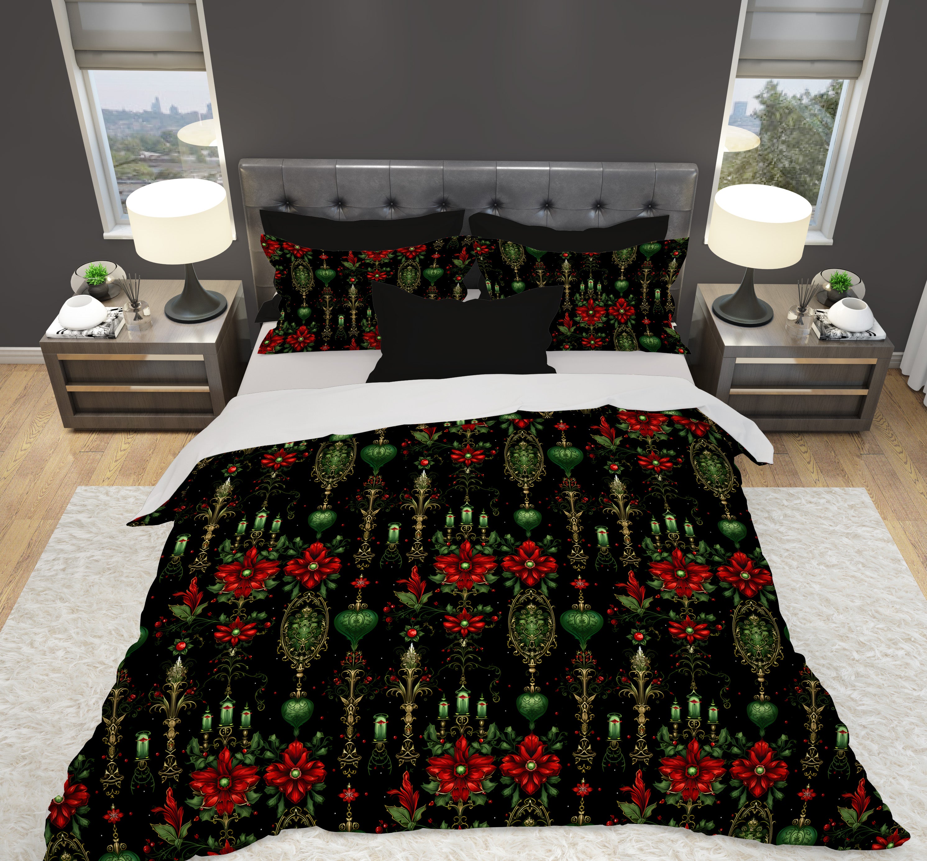 Dark Gothic Poinsettia Duvet Cover, Microfiber