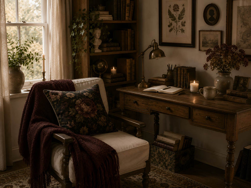 Dark Academia home office with antique books, botanical prints, candle, writing desk, dark floral pillow, and warm scholarly decor.