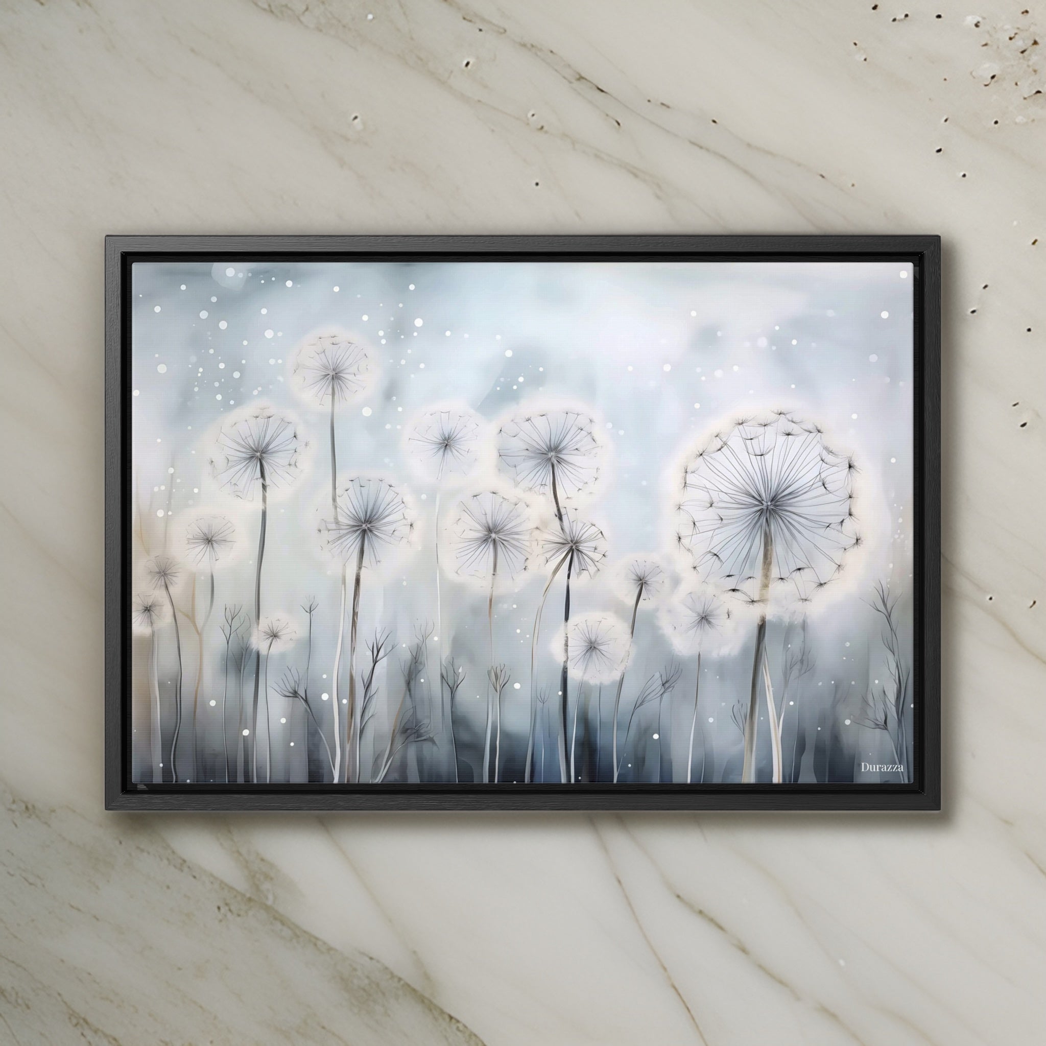 Dreamy Dandelion Artwork: White Flowers on a Serene Teal Backdrop