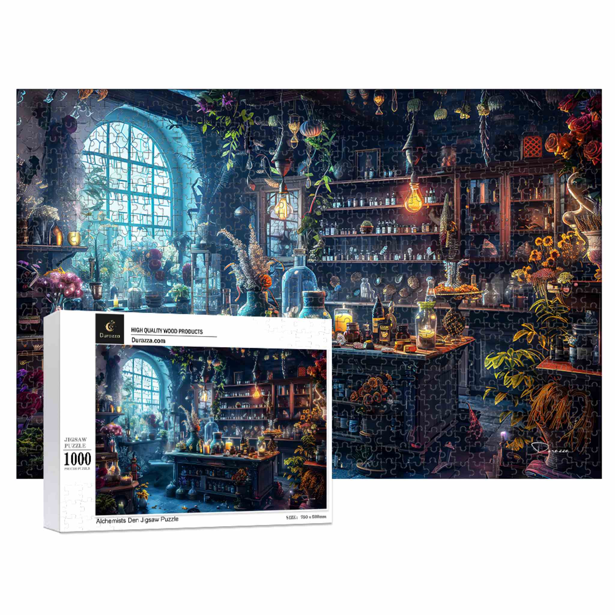Jigsaw puzzle box with a fantasy-themed room design on the cover