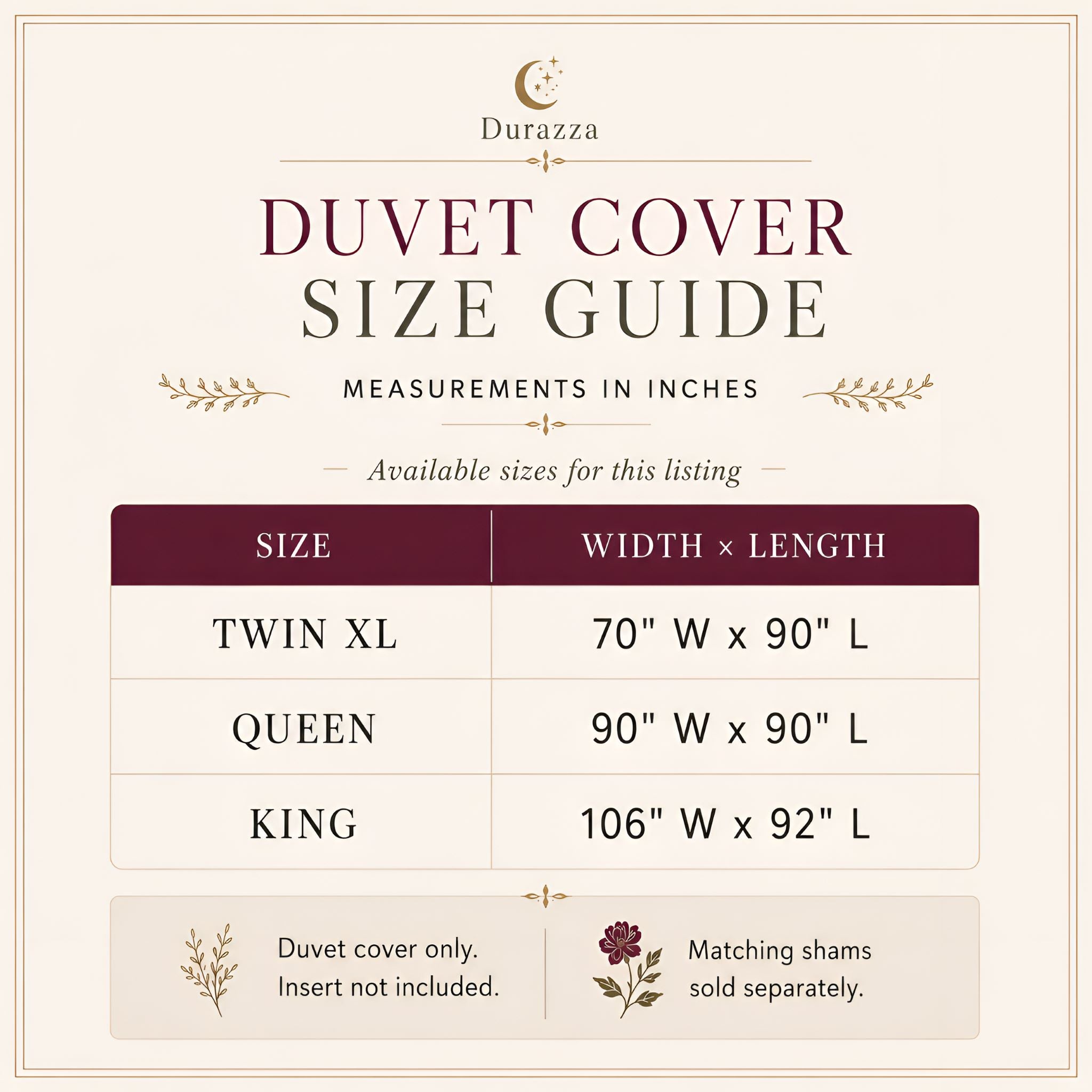 A size guide infographic for the Durazza Duvet Cover, showing measurements in inches for Twin XL, Queen, and King sizes in a clean table format on a cream background.