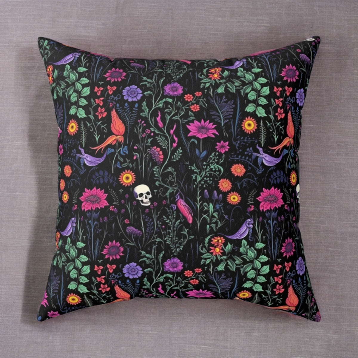 Eerie Wildflower Faux Suede Pillow Cover with Skull