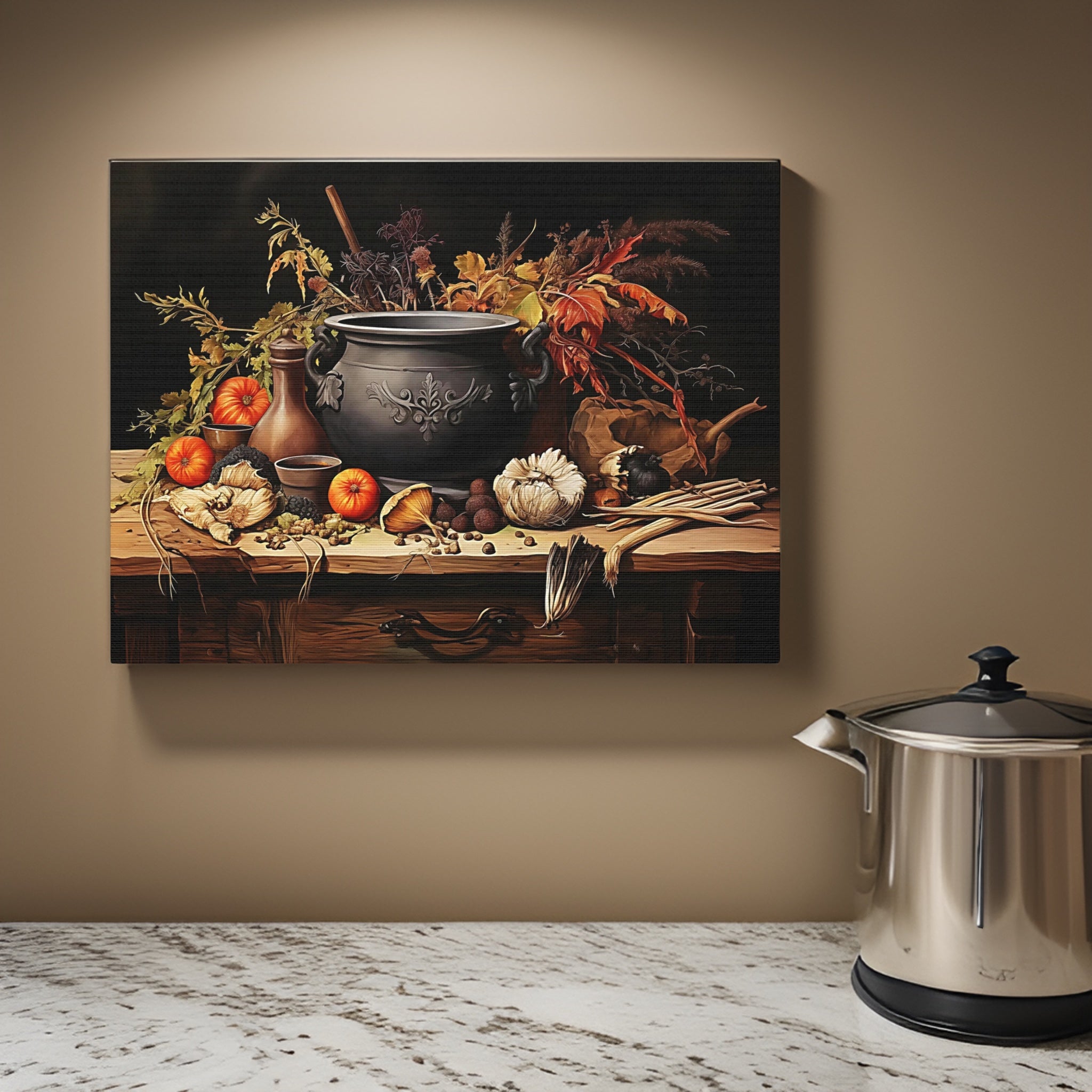 Enchanted Cauldron Canvas Art: Autumnal Herbs Still Life