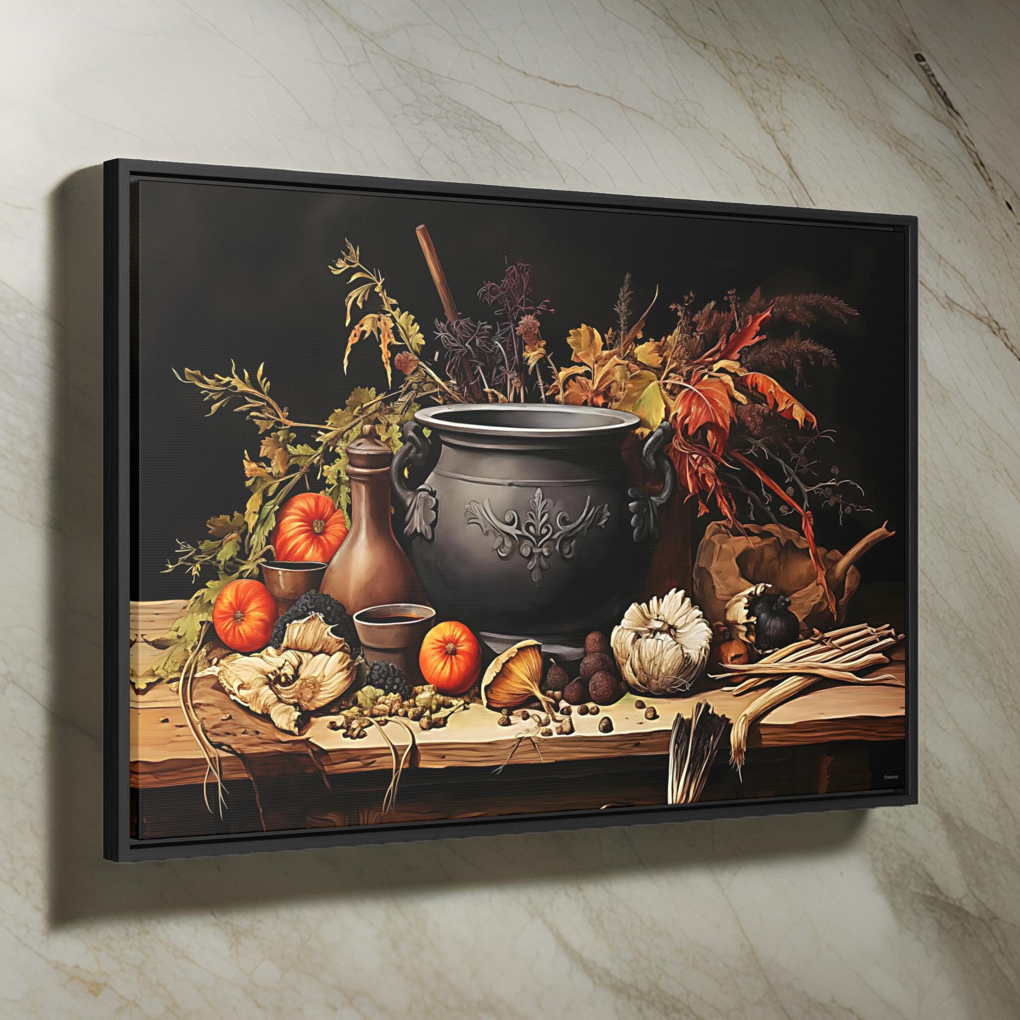 Enchanted Cauldron Canvas Art: Autumnal Herbs Still Life