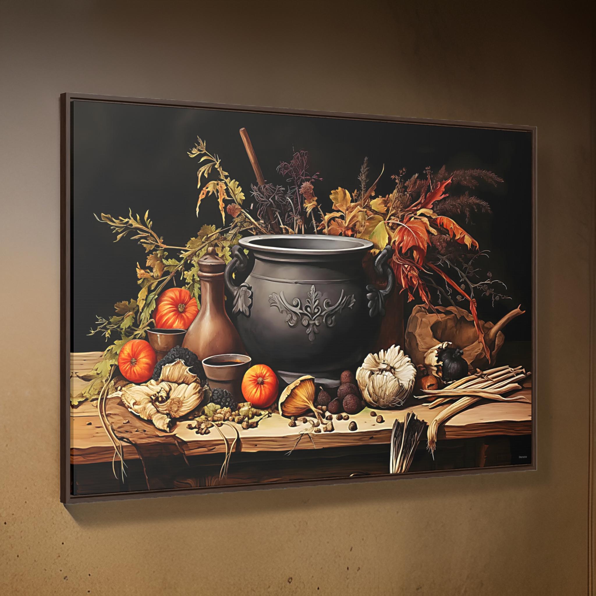 Enchanted Cauldron Canvas Art: Autumnal Herbs Still Life