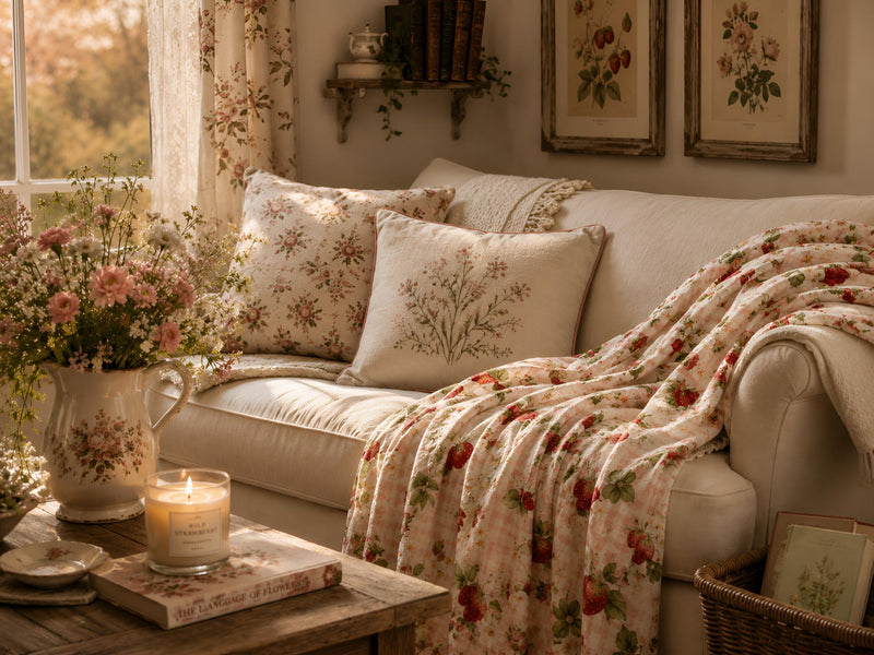 Enchanted cottage living room with strawberry print blanket, floral pillows, botanical artwork, candlelight, garden flowers, and soft cottage decor.
