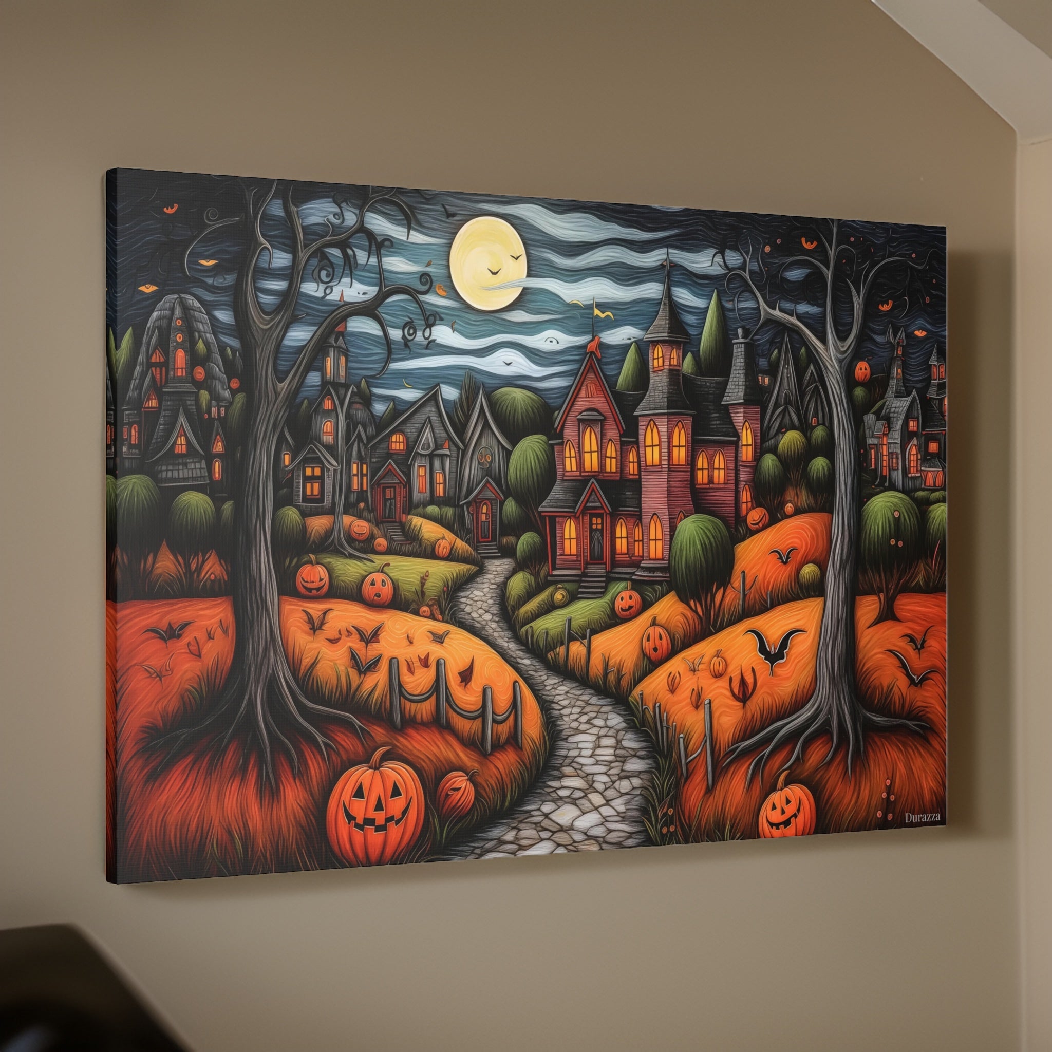 English Village Halloween Wall Art: Canvas or Satin Print