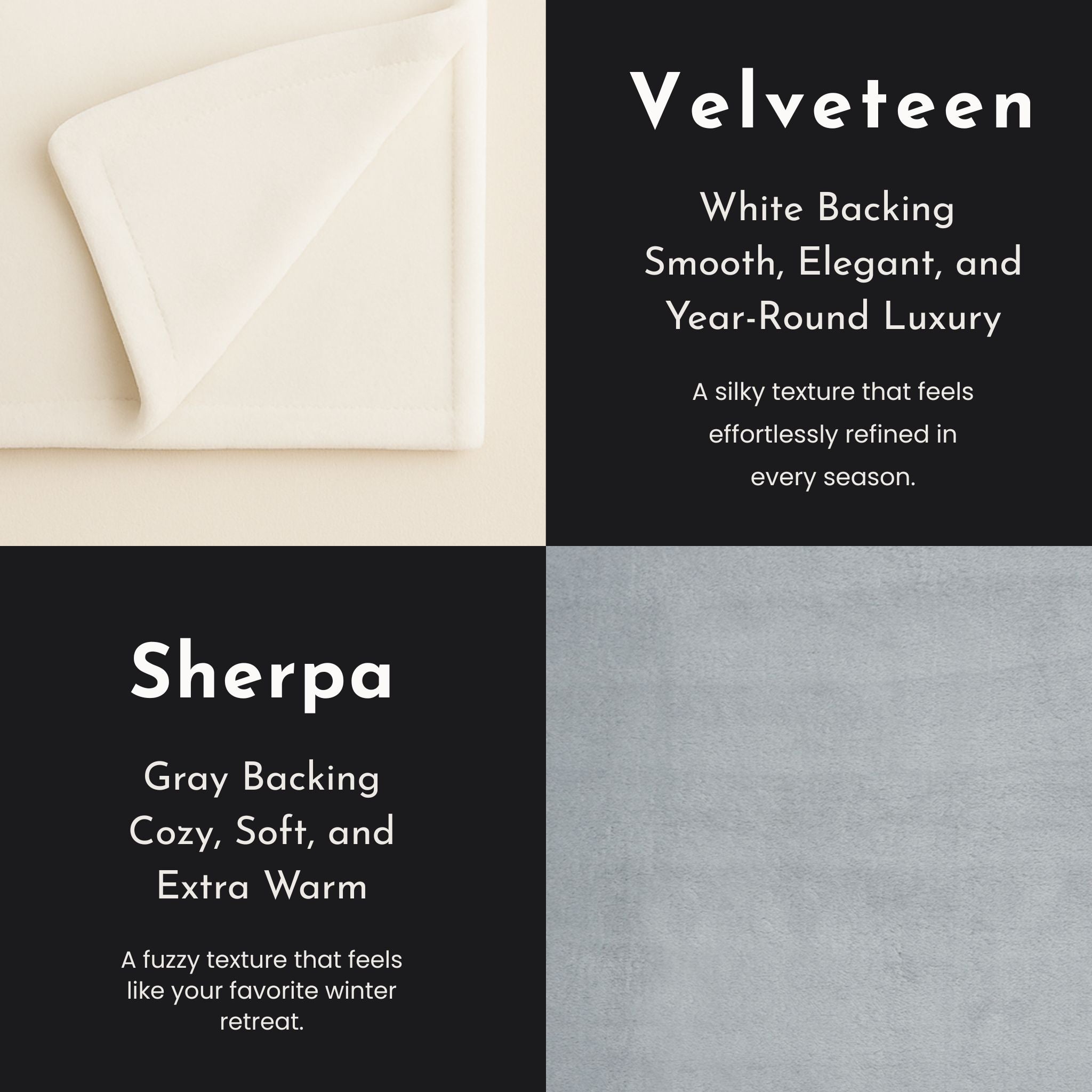 Comparison of Velveteen and Sherpa textures with descriptive text.