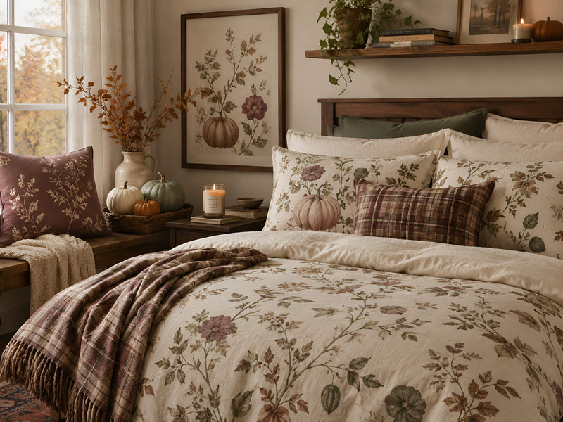 Fall harvest bedroom with botanical bedding, plaid throw, printed pillows, muted pumpkins, candlelight, autumn wall art, and warm cottage decor.