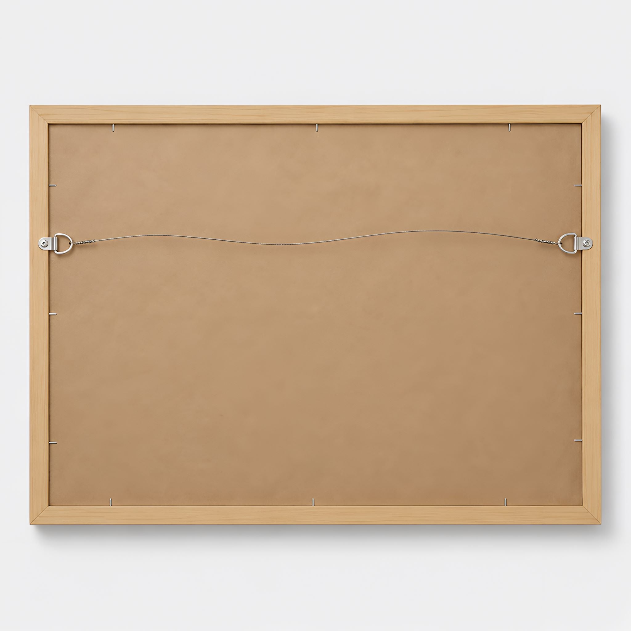 Framed fine Art backside with kraft paper dust cover and hanging wire for ready to hang artwork.